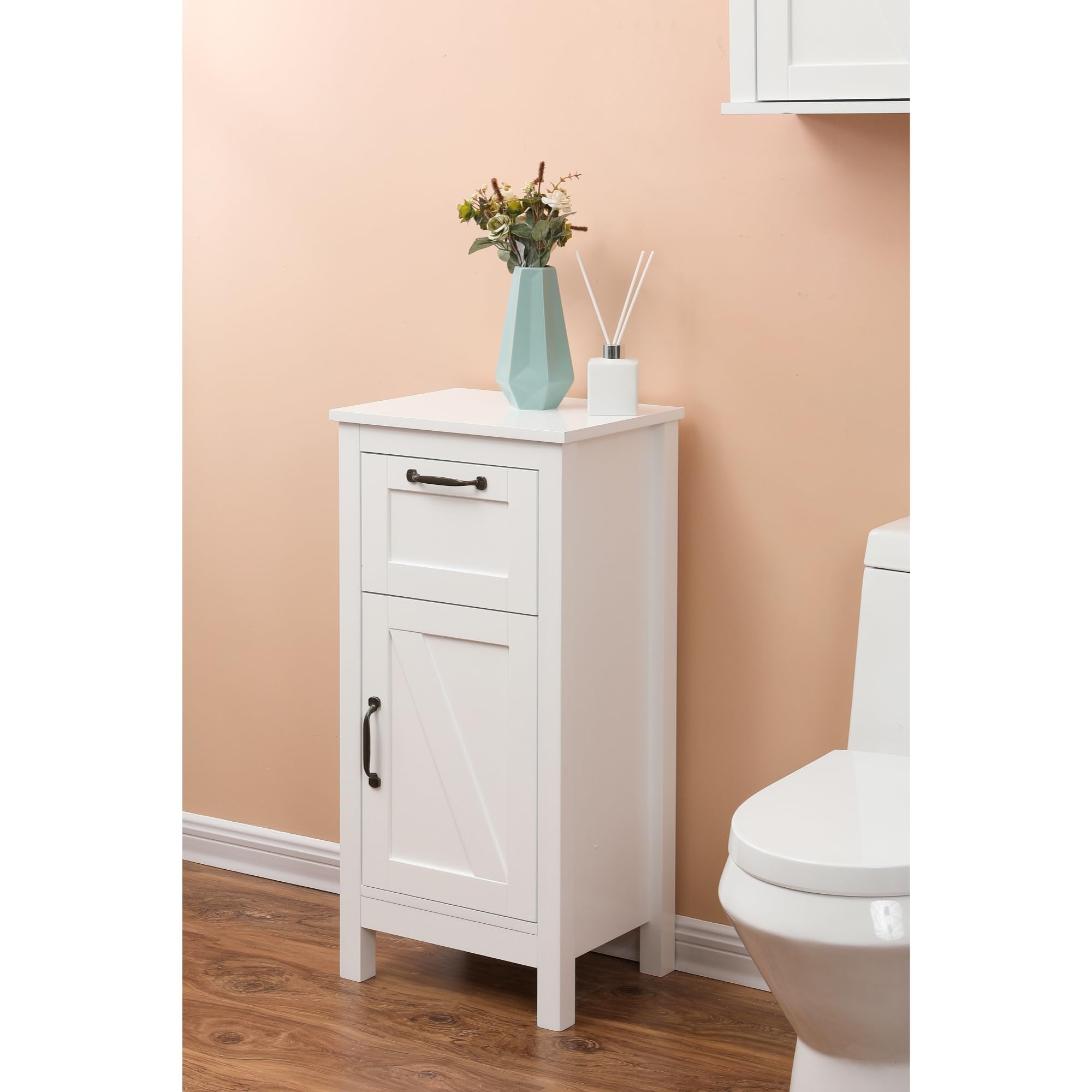 LuxenHome White MDF Wood Bathroom Storage Cabinet with 1 Door - Space Saving Organizer for Towels, Toiletries & Cleaning Supplies in Small Bathrooms