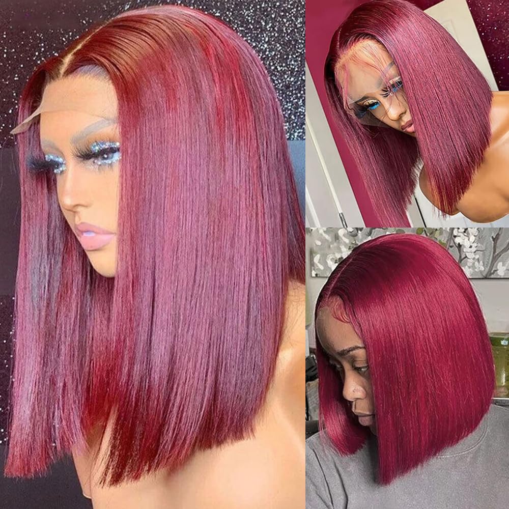 13x4 Glueless Straight 99J Burgundy Blunt Cut Bob Wig - 100% Unprocessed Virgin Human Hair with Pre-Plucked Lace Frontal & Baby Hair for Natural Hairline | HD Transparent Wine Red Lace Front Wigs for Daily Wear, Cosplay, and Special Occasions