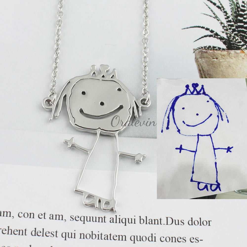 Personalized Kids Drawing Necklace - Custom Stainless Steel Pendant with Children's Artwork - Perfect Gift for Birthdays, Mother's Day & Family Keepsakes