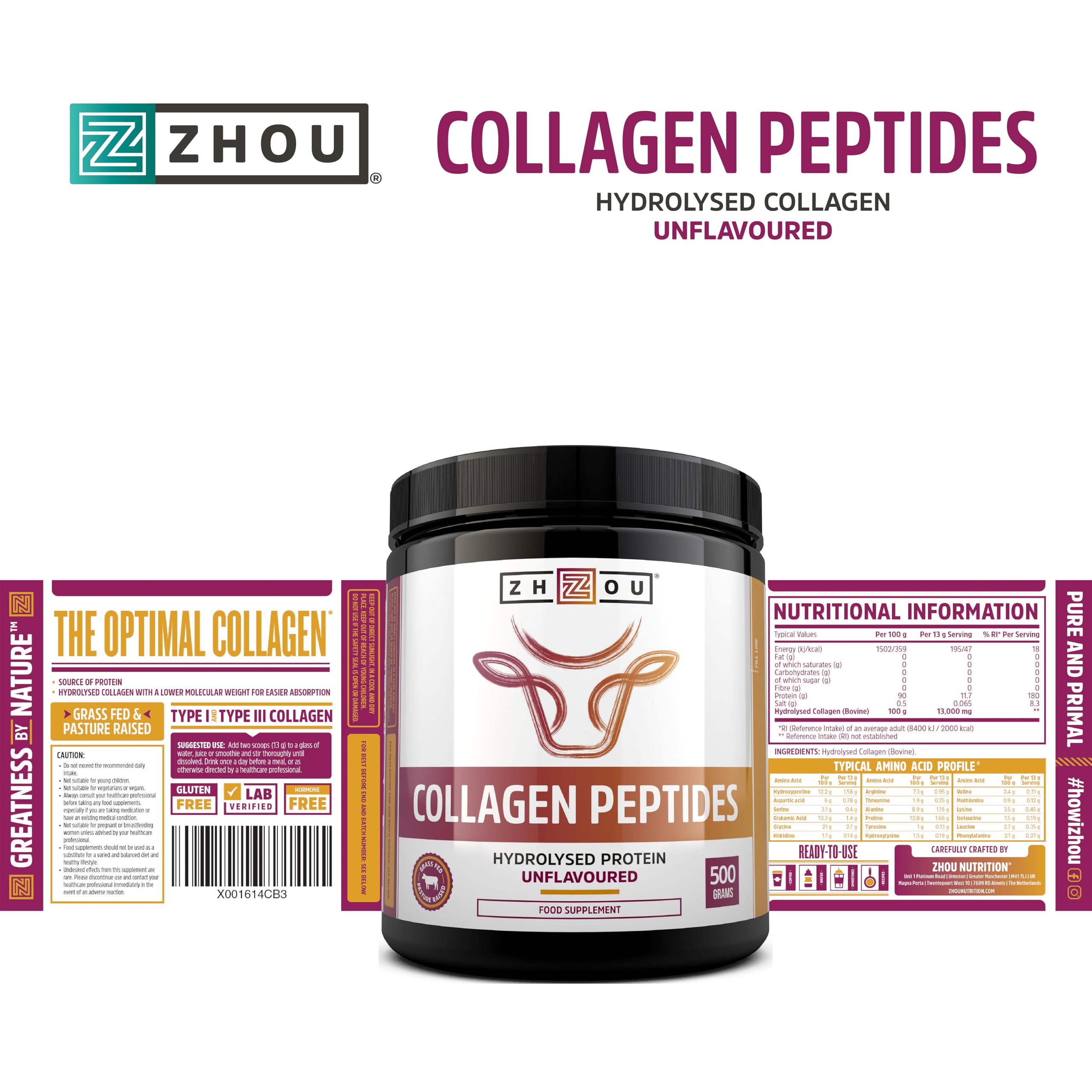 Premium Hydrolyzed Collagen Peptides Powder 500g - Grass-Fed Bovine Collagen Protein Supplement for Hair Growth, Skin Elasticity & Nail Strength - Hormone-Free, Rich in Amino Acids - Ideal for Smoothies, Coffee & Post-Workout Recovery - Zhou Nutrition