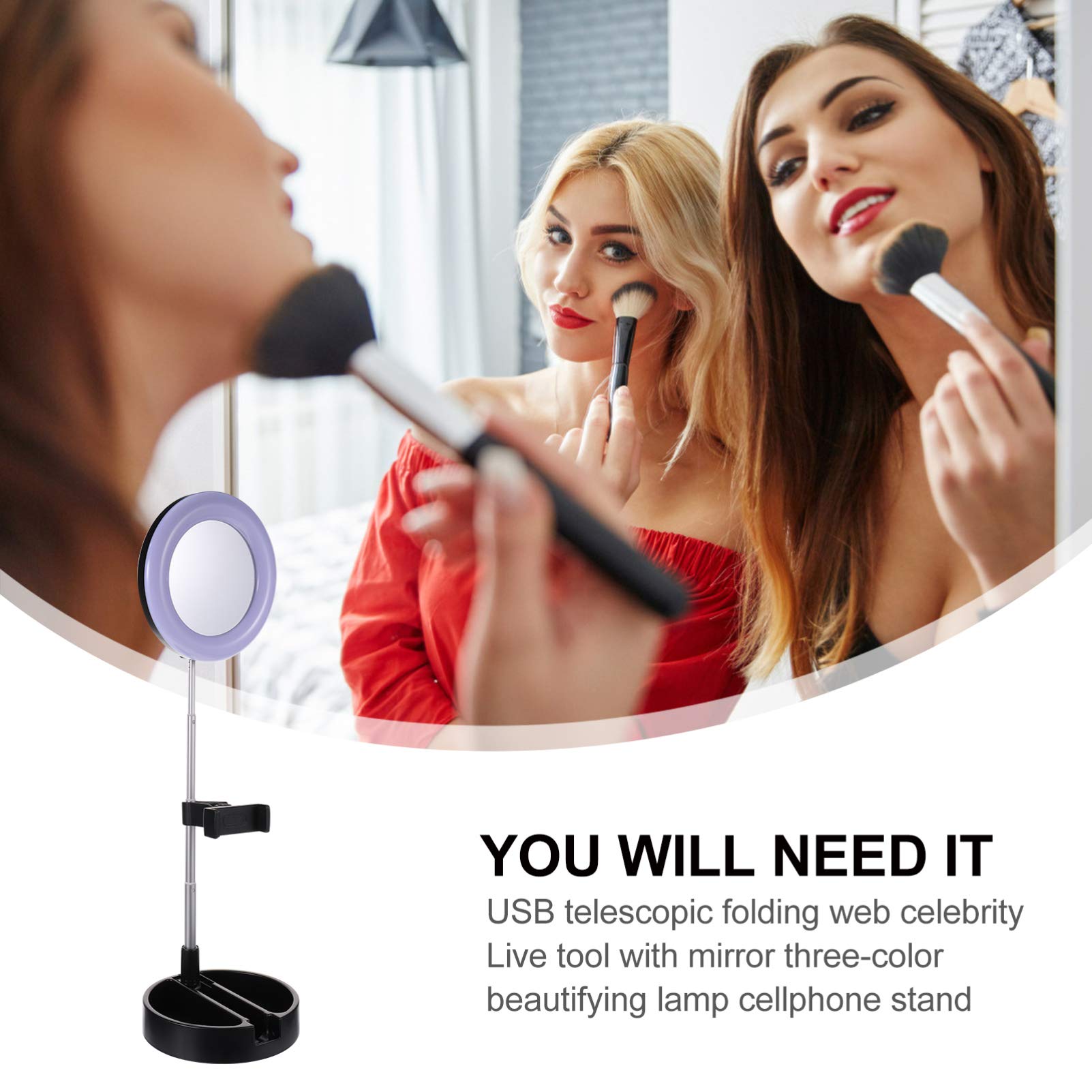 OSALADI Adjustable Aluminum Phone Stand with Mirror & Light - Portable Makeup Mirror Stand, Desk Tripod Holder for Smartphones - Perfect for Beauty, Video Calls, and Hands-Free Viewing