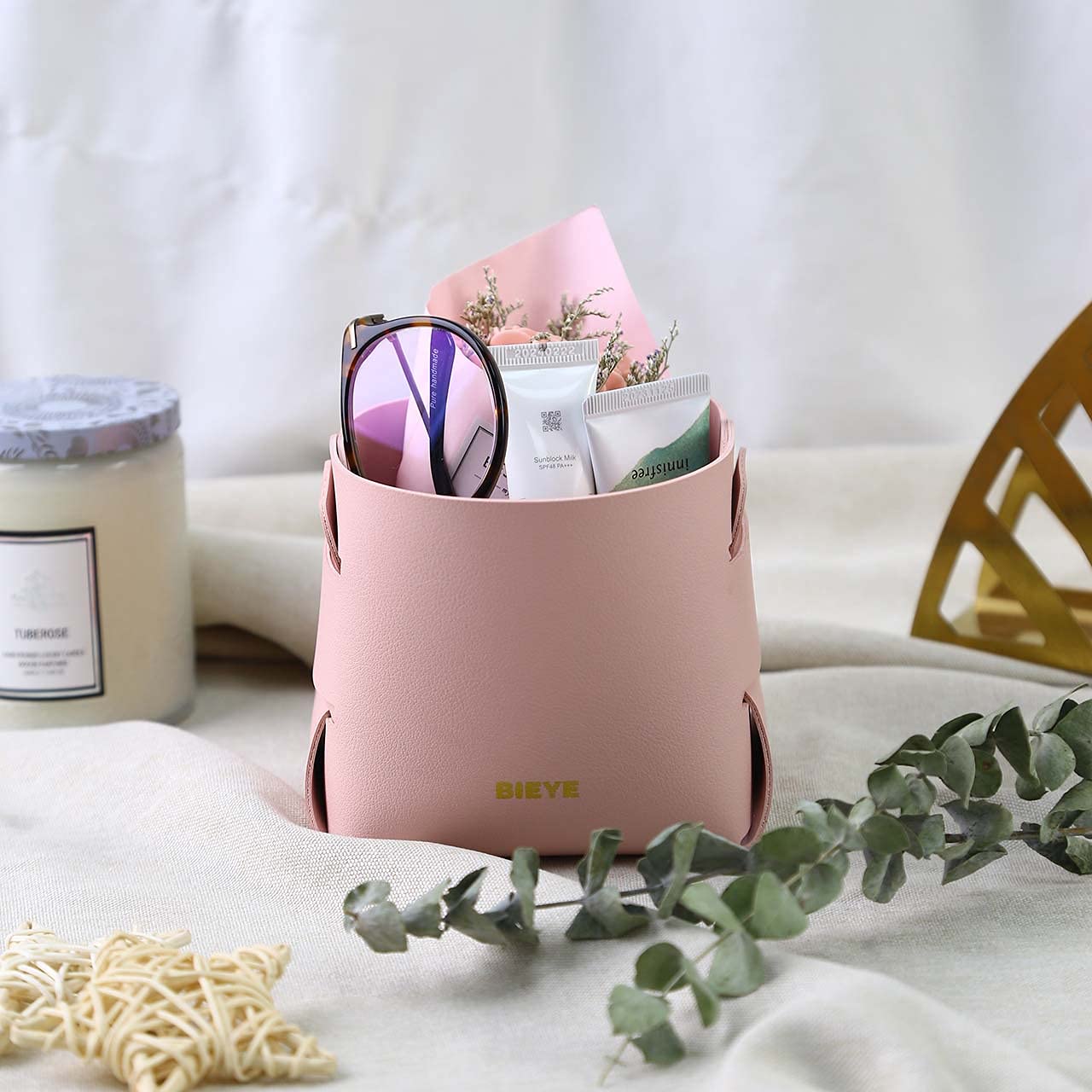 Bieye LSB001 Collapsible Leather Storage Bin - Pink Desk Organizer for Jewelry, Makeup, Pens, Pencils & Glasses - 4