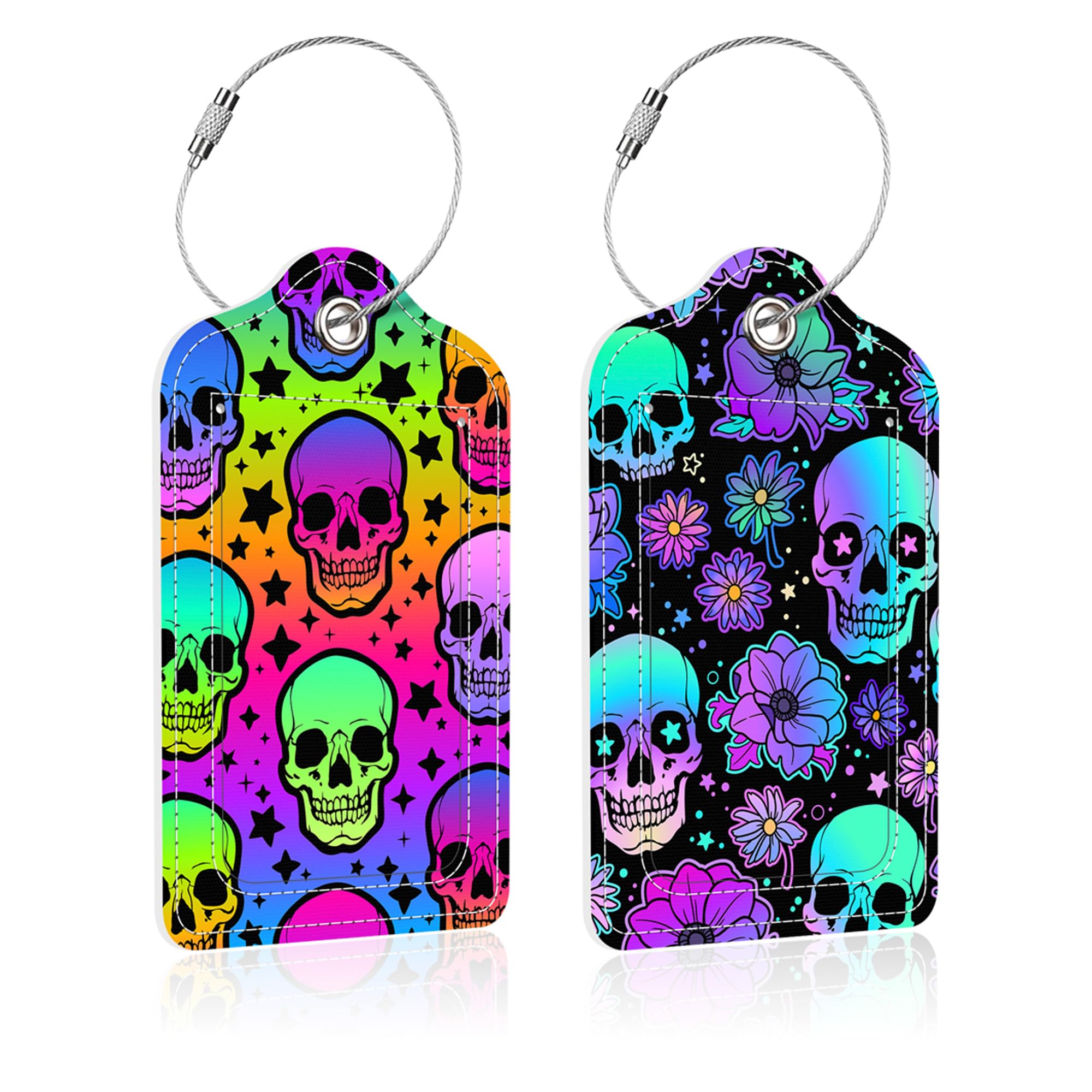 2 Pack Neon Skulls Luggage Tags for Suitcase - PU Leather Travel Bag Identifier with Privacy Name/Address Labels & Steel Loop - Perfect for Women & Men Travel Accessories (Ideal for Airports, Cruise Ships, and Vacation Identification)