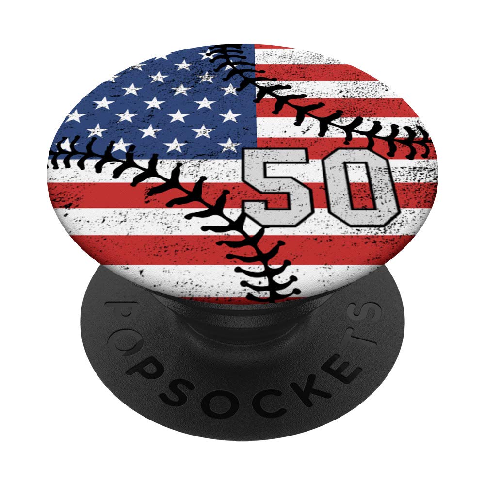American USA Flag Baseball PopSockets PopGrip - Swappable Phone Grip with Gray & Black Design, Number 50 | Perfect for Baseball Fans, Patriotic Decor & Phone Protection