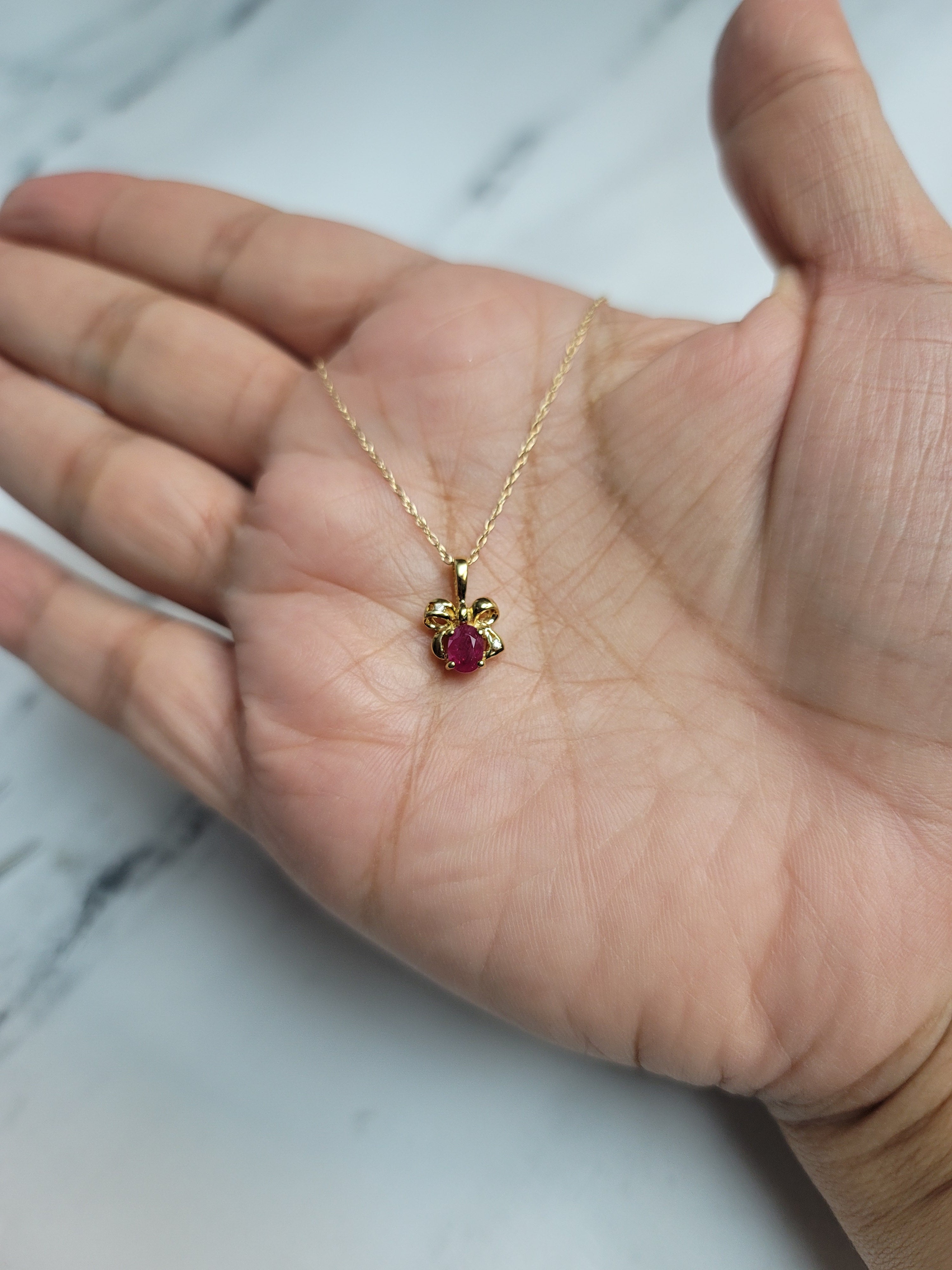 14K Yellow Gold Oval Ruby Ribbon Necklace - Elegant Jewelry Gift for Women, Perfect for Weddings, Anniversaries & Special Occasions