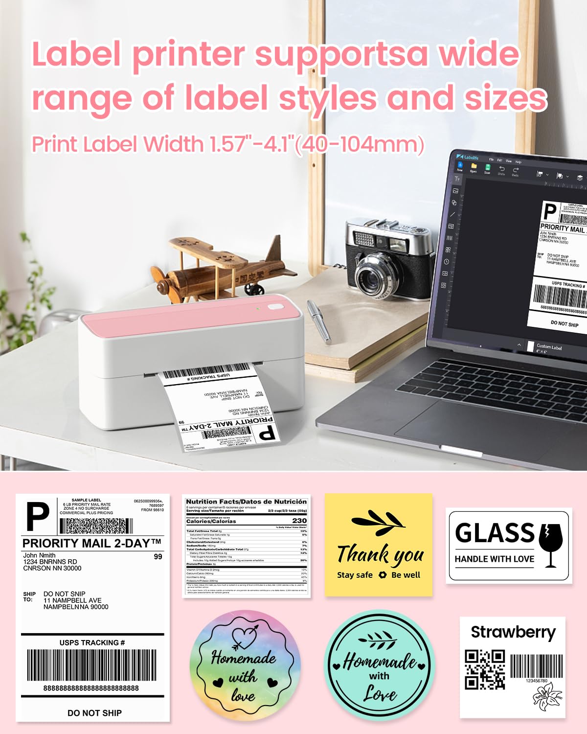 Phomemo 241BT 4x6 Bluetooth Thermal Label Printer for Shipping, Business & E-commerce – Compatible with UPS, Amazon, DHL, Shopify, eBay – Perfect for Warehouse, Retail & Home Office Use – Pink