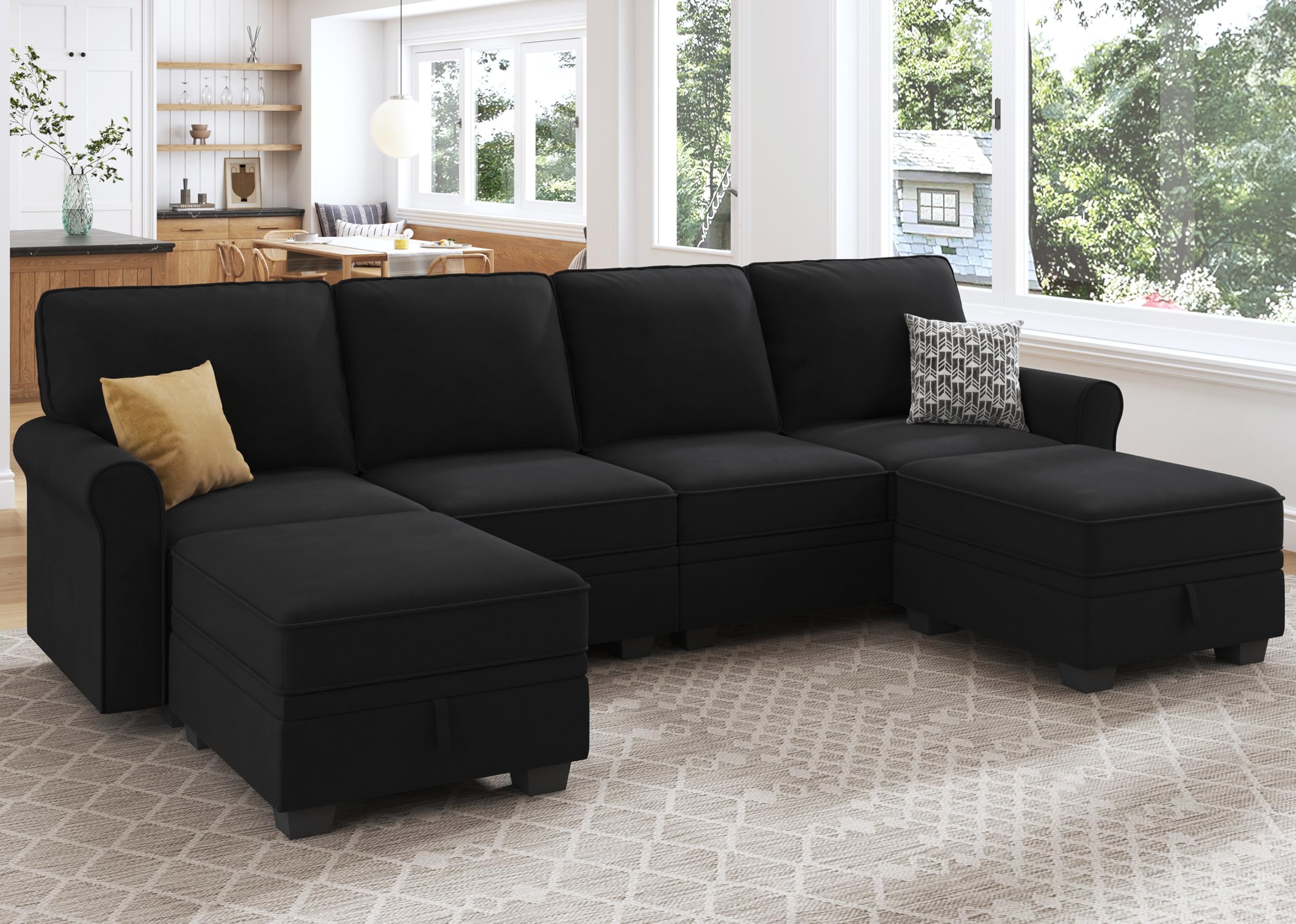 HONBAY U-Shaped Sectional Sofa with Storage Seat & Reversible Chaise - Convertible Velvet Couch for Living Room, Black - Perfect for Small Spaces & Family Gatherings