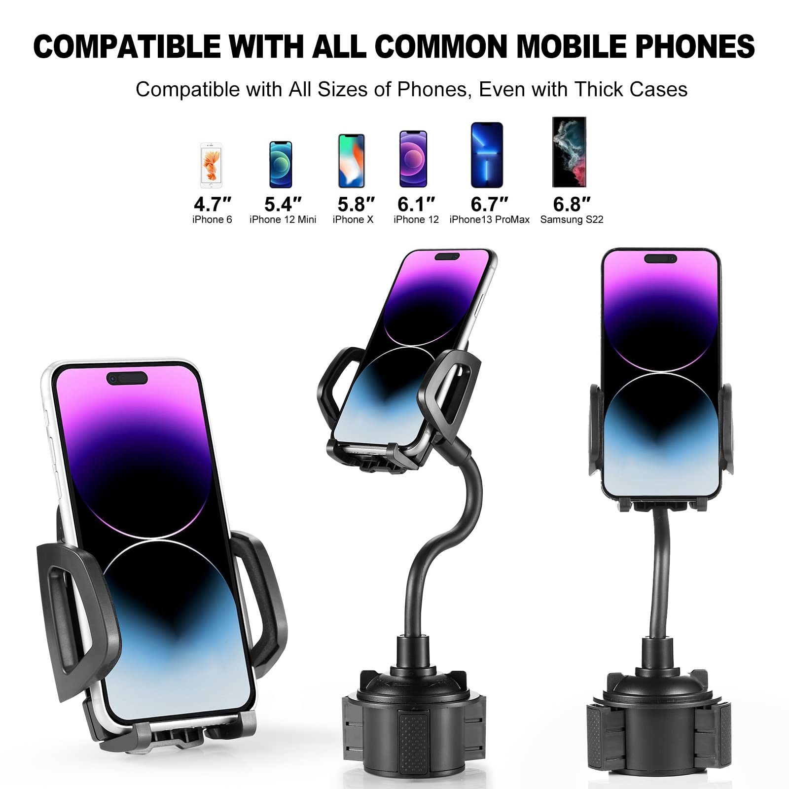 360° Rotating Adjustable Gooseneck Car Cup Holder Phone Mount - Universal Smartphone Holder for iPhone, Samsung, Pixel - Perfect for Road Trips, Commuting & GPS Navigation