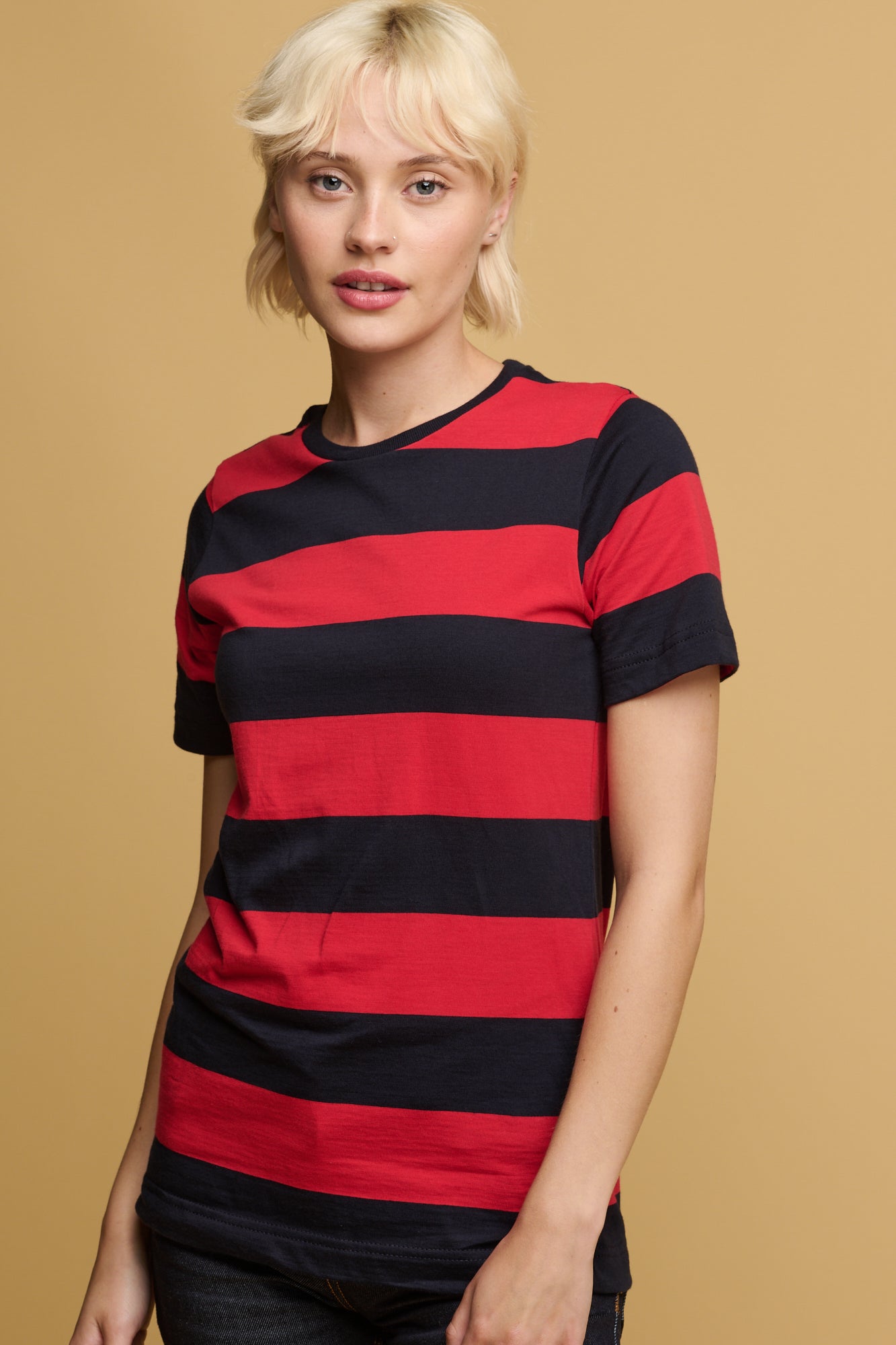 Women's Wide Stripe Short Sleeve T-Shirt - Red & Navy Casual Tee for Summer Outfits, Beach Wear, and Everyday Comfort
