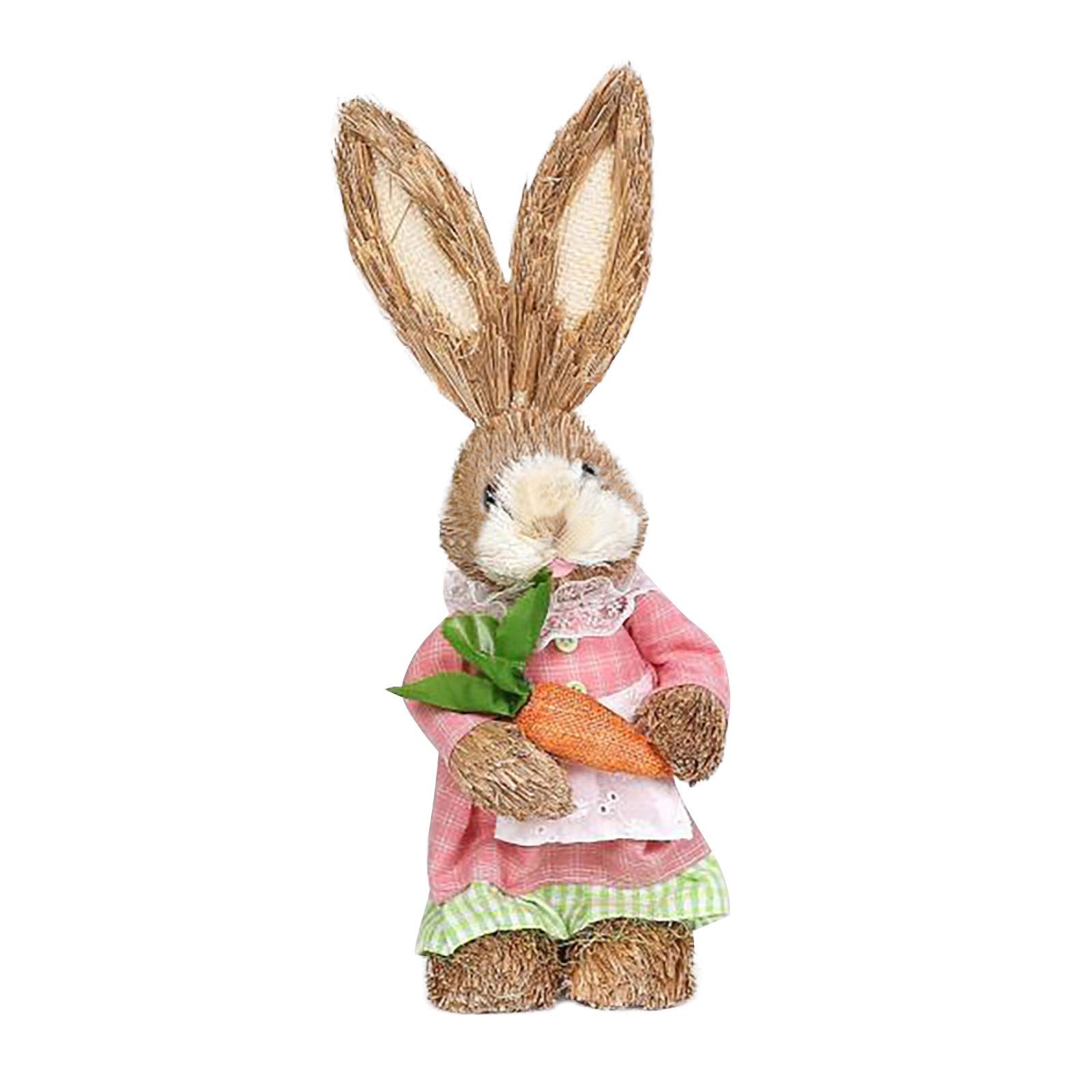 Handmade Straw Woven Easter Bunny Figurine with Flower - Cute Artificial Rabbit Sculpture for Easter Decor, Home, Garden & Desktop Decoration - Perfect for Spring Centerpieces, Easter Basket Stuffers & Holiday Gift Giving