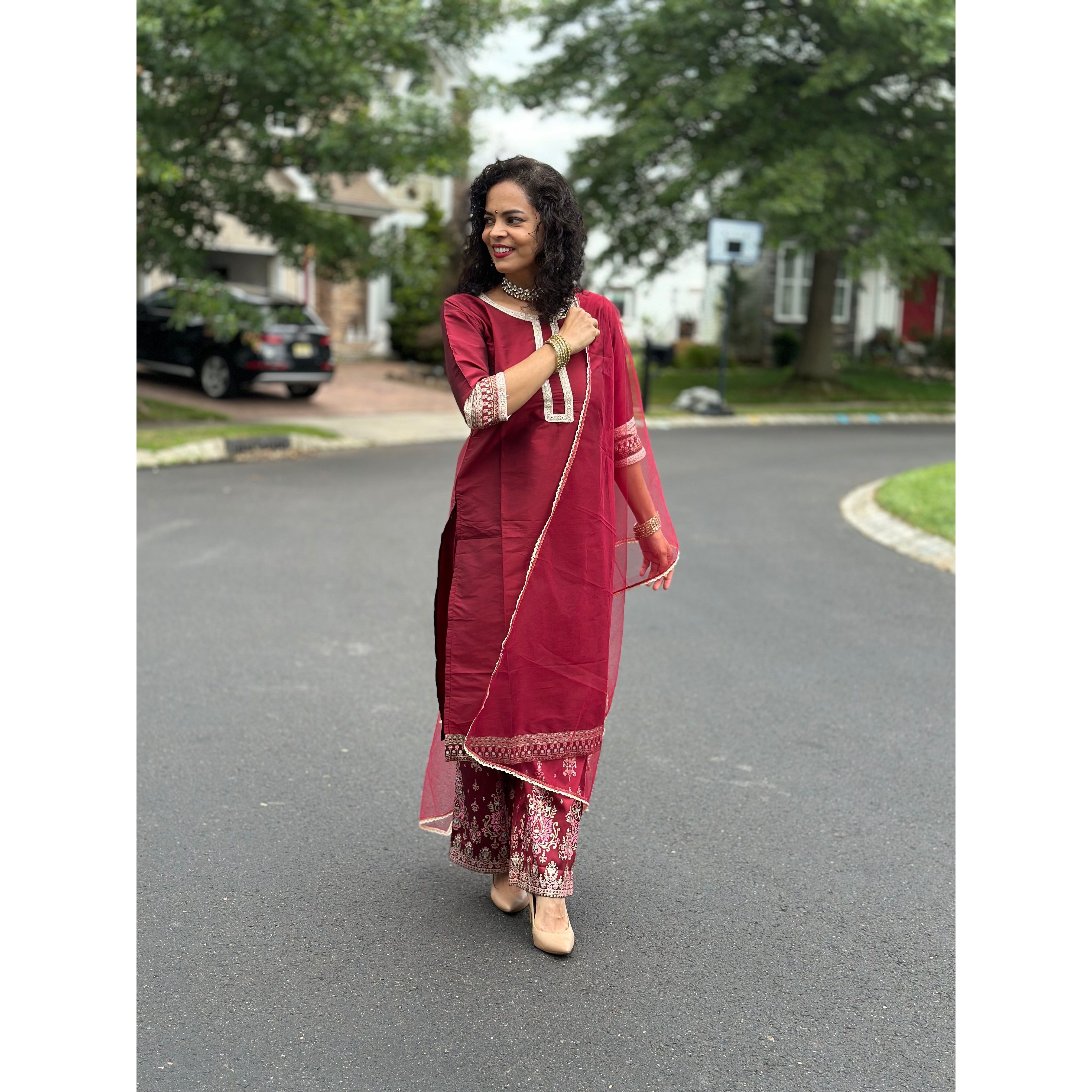 Elegant Maroon Kurta with Mirror Work & Printed Trousers Set - Indian Party Wear for Women | Perfect for Festivals, Weddings & Special Occasions