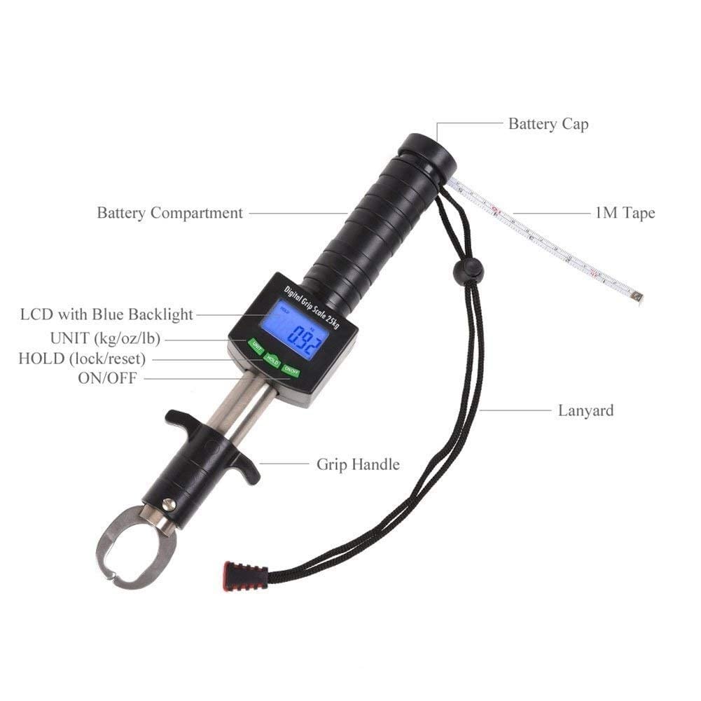 55Lb Digital Fish Gripper with Stainless Steel Scale - Portable Electronic Control Fishing Lip Grabber Tool for Catch & Weigh - Perfect for Bass, Trout, and Saltwater Fishing