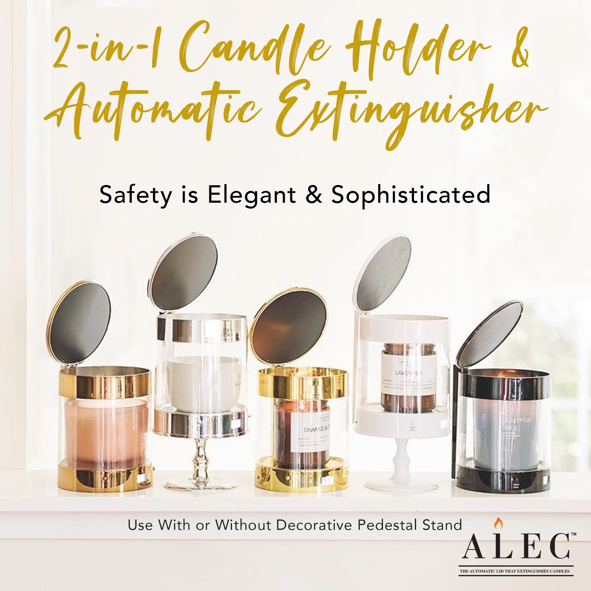 ALEC Clear Hurricane Automatic Candle Holder & Extinguisher with Rechargeable Timer Lid & Stand - Large Bronze Pillar Candle Holder for Votive Candles | Elegant Home Decor for Dining Table Centerpiece, Wedding Reception, and Romantic Ambiance