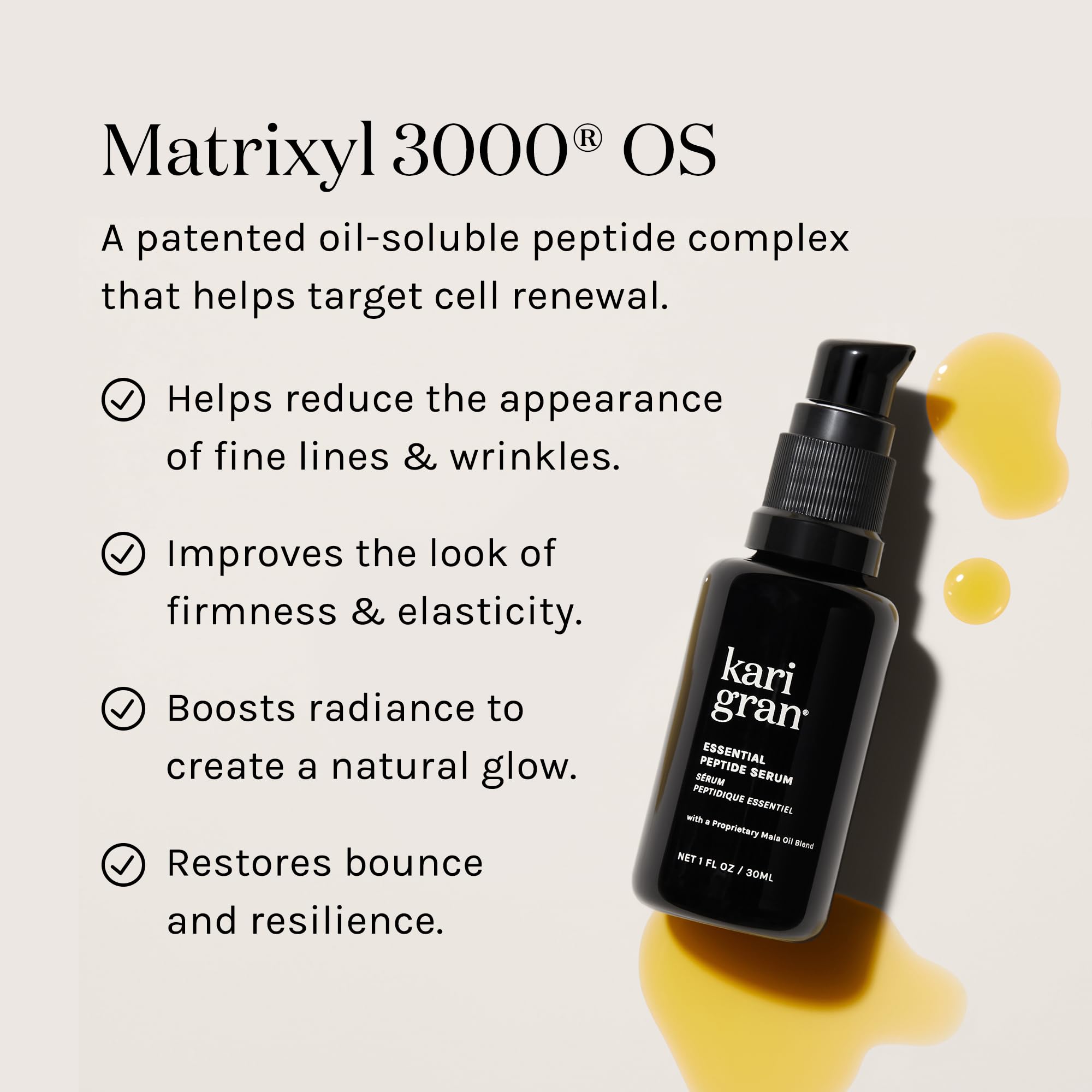 Kari Gran Essential Peptide Serum - Anti-Aging Face Serum with Matrixyl 3000 & 15 Natural Plant Oils (30ml) | Hydrating & Wrinkle-Reducing Treatment for Mature Skin | Day & Night Skincare Routine