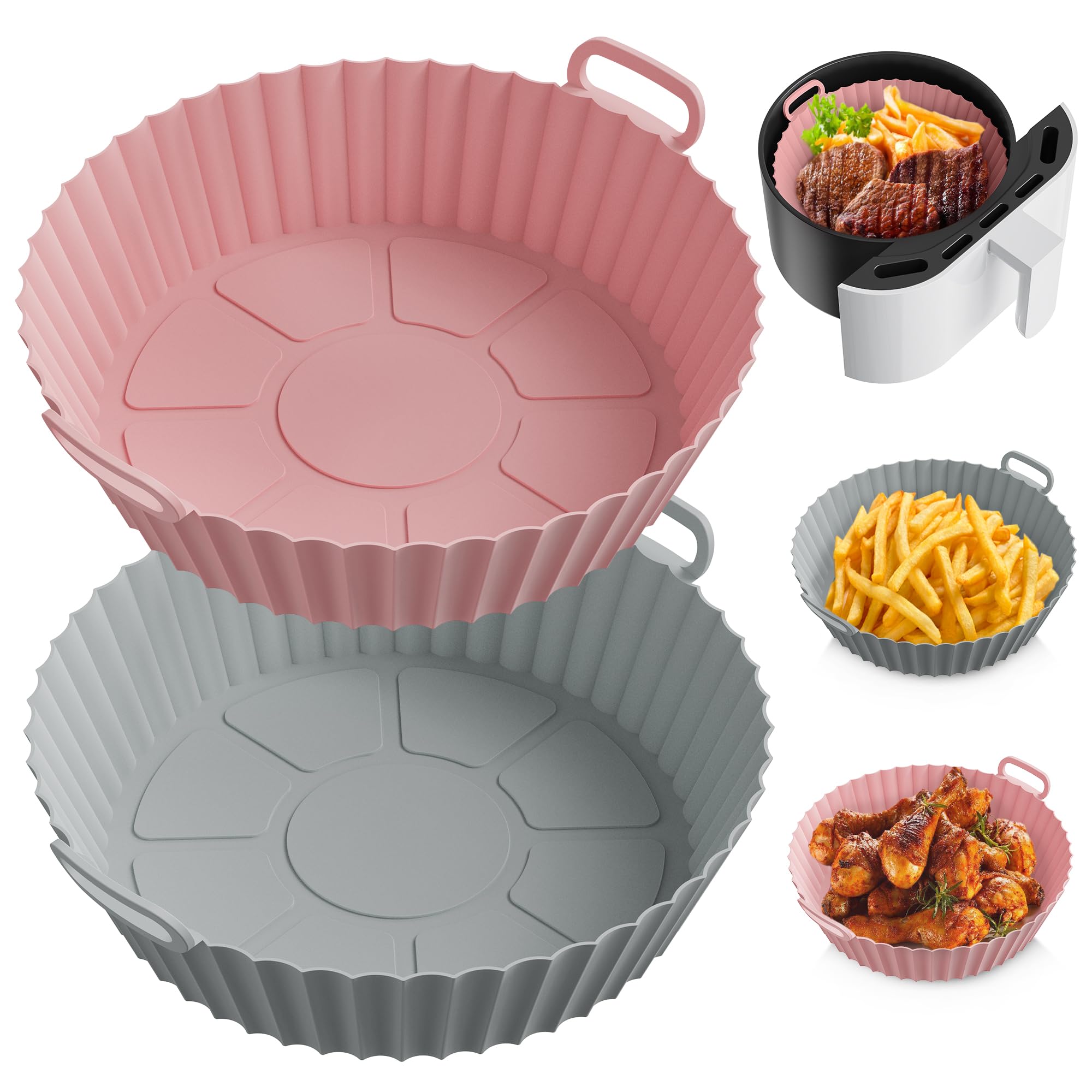 ME.FAN Air Fryer Silicone Liners for 4 to 7 QT [2 Pack] - Reusable Non-Stick Basket with Handles & Vent Holes - Oven Safe Accessories in Rose Pink & Light Grey - Perfect for Roasting, Baking, and Frying Healthy Meals