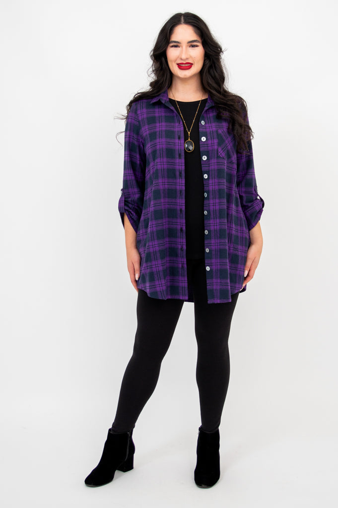 Celine Women's Cotton Tunic Top - Acai Plaid Print, Casual Long Blouse for Work, Office, and Everyday Wear