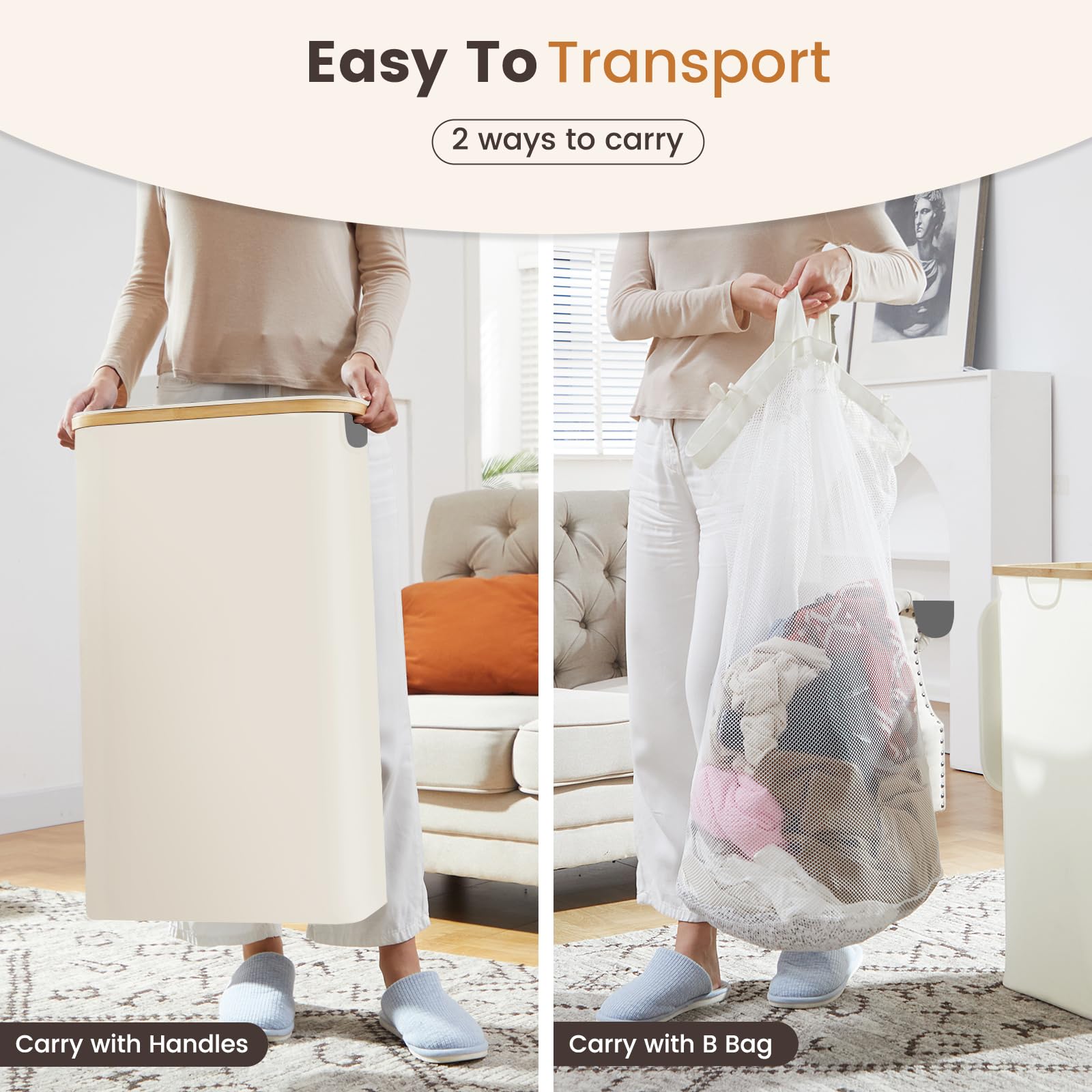 65L Slim Laundry Hamper with Lid & Removable Bag - Collapsible Dirty Clothes Basket with Bamboo Handles - Space Saving Narrow Hamper for Small Spaces - Perfect for Bedroom, Bathroom, Laundry Room & Dorm Organization