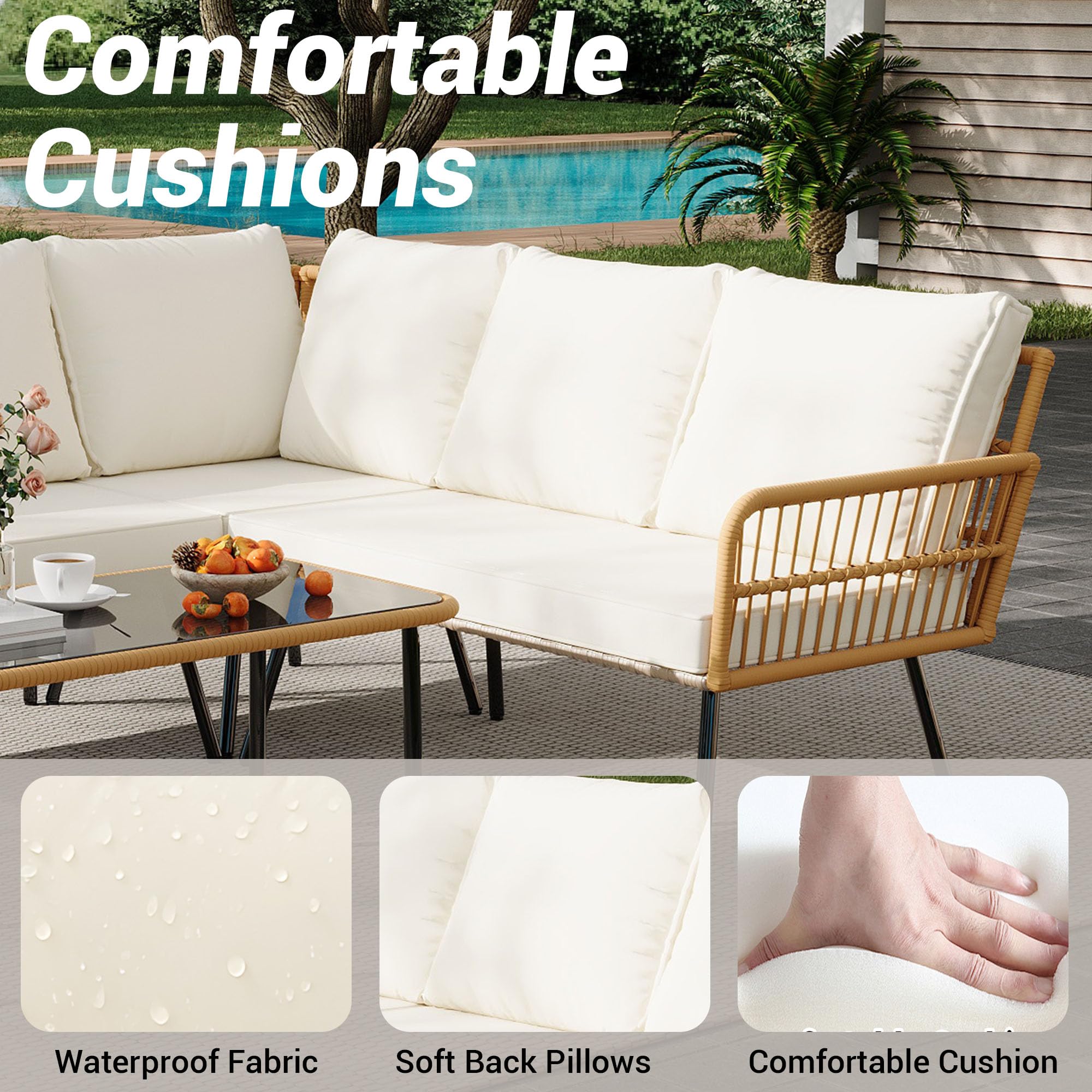 GARVEE 4-Piece Outdoor Wicker L-Shaped Sectional Sofa Set with Glass Top Coffee Table - All-Weather Rattan Patio Furniture with Cushions - Boho Style Beige Backyard, Poolside, Garden Lounge Set for Relaxing & Entertaining