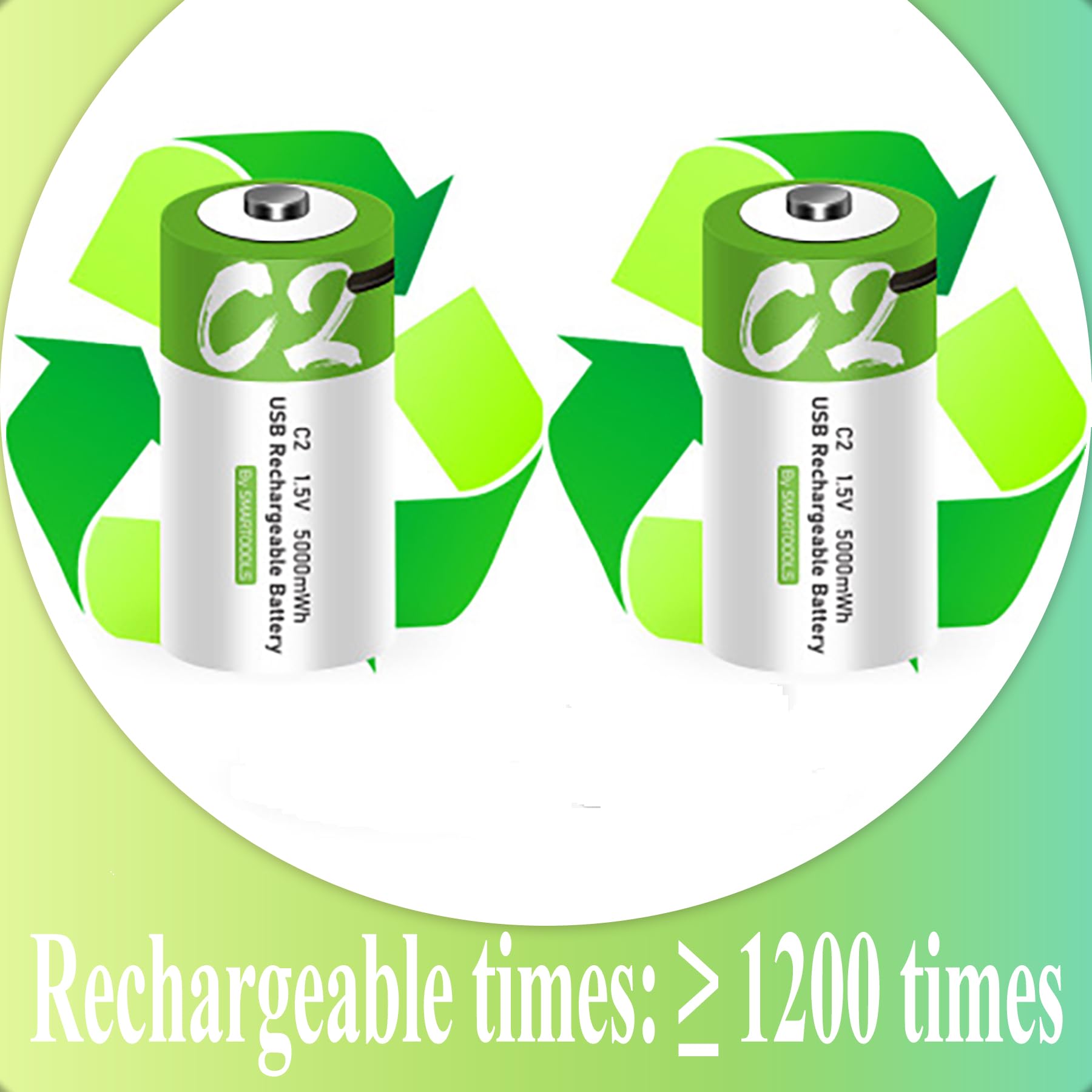 2 Pack Rechargeable C Batteries 5000mWh - 1.5V Lithium C Cell Batteries with USB Type C Charging Cable - Long Lasting Power for Flashlights, Toys, Radios & Emergency Kits