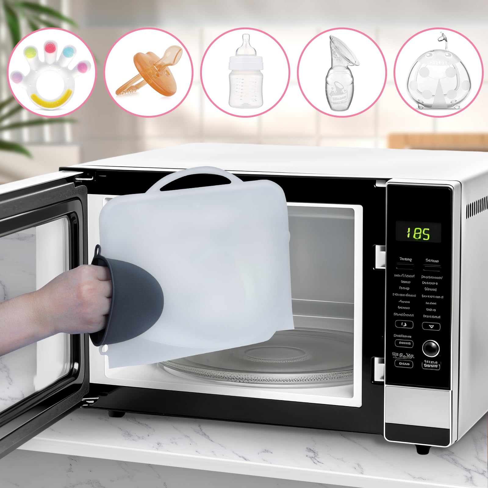 Reusable Silicone Microwave Steam Sterilizer Bag for Baby Bottles, Pacifiers & Pump Parts - Safe & Easy to Use for Home, Travel & Daycare - BPA-Free, Compact & Portable (1PC, White) - Perfect for Busy Moms, Traveling Families & On-the-Go Sterilization