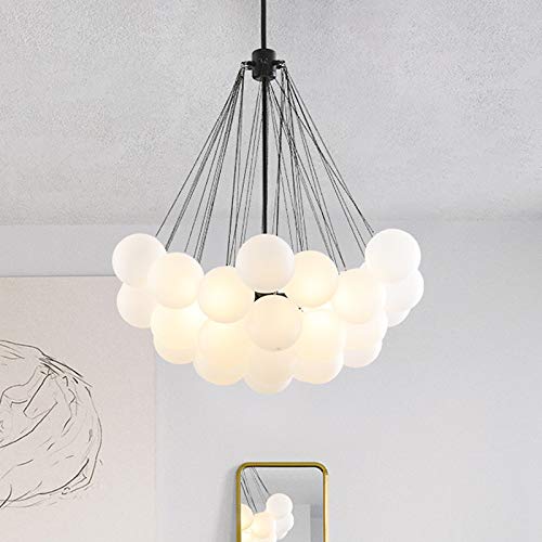Modern Stylish Bubble Ball Chandelier - 37-Light Ivory Glass LED Pendant Light for Dining Room, Restaurant & Living Room - Elegant Black Hanging Lamp for Home Decor & Commercial Spaces