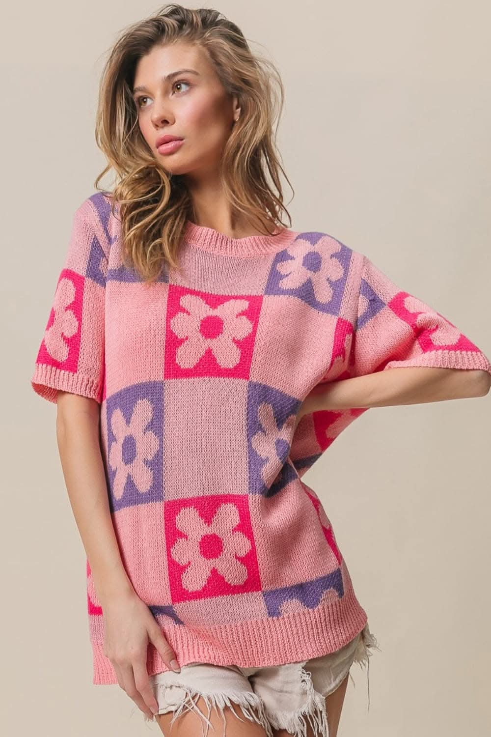 Stylish Floral Checker Short Sleeve Sweater for Women - Casual Spring Summer Knit Top for Outfits, Dates & Office Wear