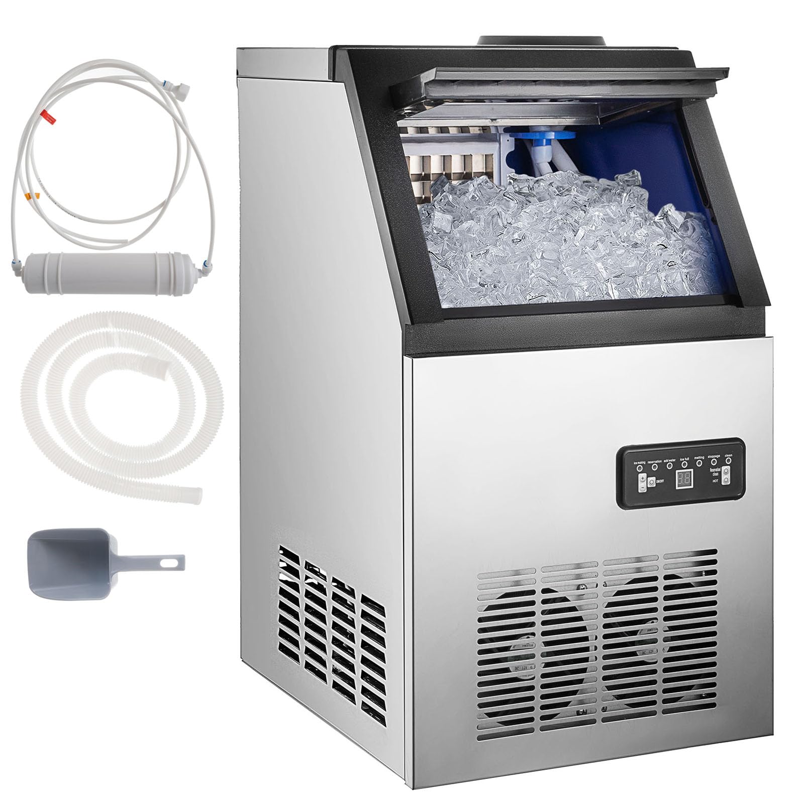 SmaketBuy 110LBS/24H Commercial Ice Maker Machine - Stainless Steel Automatic Ice Cube Maker with 24LBS Storage Capacity (32 Cubes) - Freestanding Heavy Duty Ice Machine for Restaurants, Bars, Coffee Shops, Hotels, and Catering Services - Perfect for Beverage Cooling, Cocktail Making, and Food Preservation