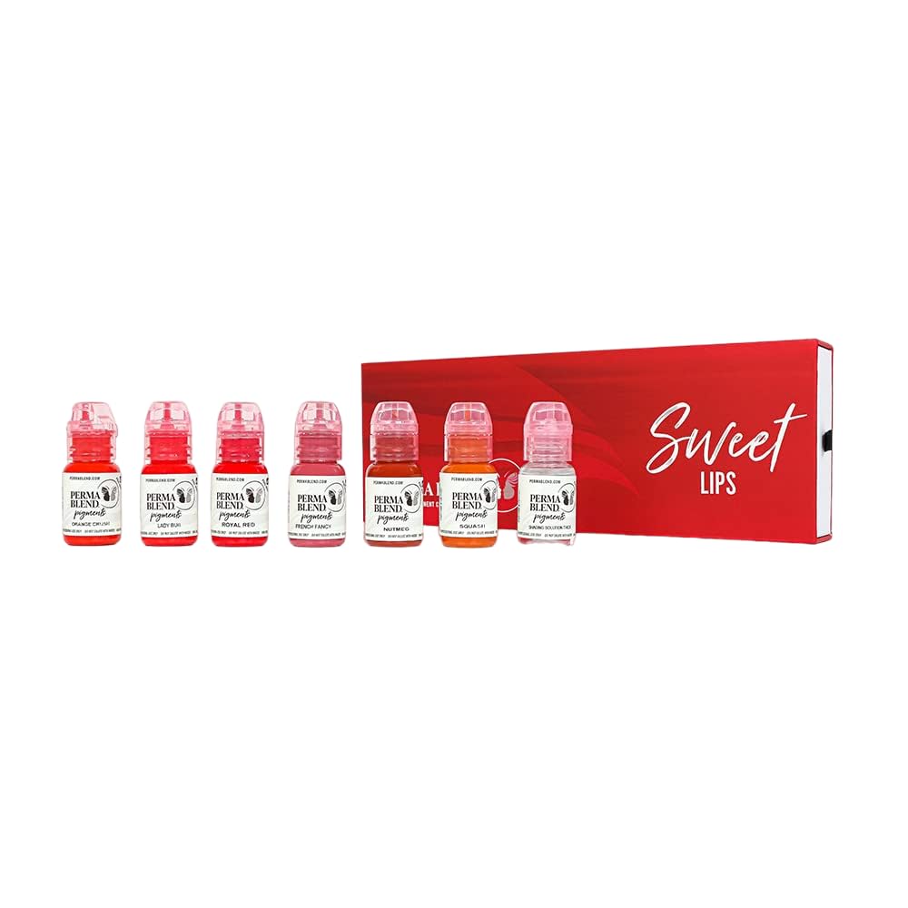 Perma Blend Sweet Lip Set - Pink & Red Tattoo Ink for Permanent Lip Makeup - Lip Blushing & Microblading Kit - Vegan PMU Supplies (6 Pigments + Shading Solution, 0.5 oz Each) - Perfect for Salon Professionals & Home Tattoo Artists