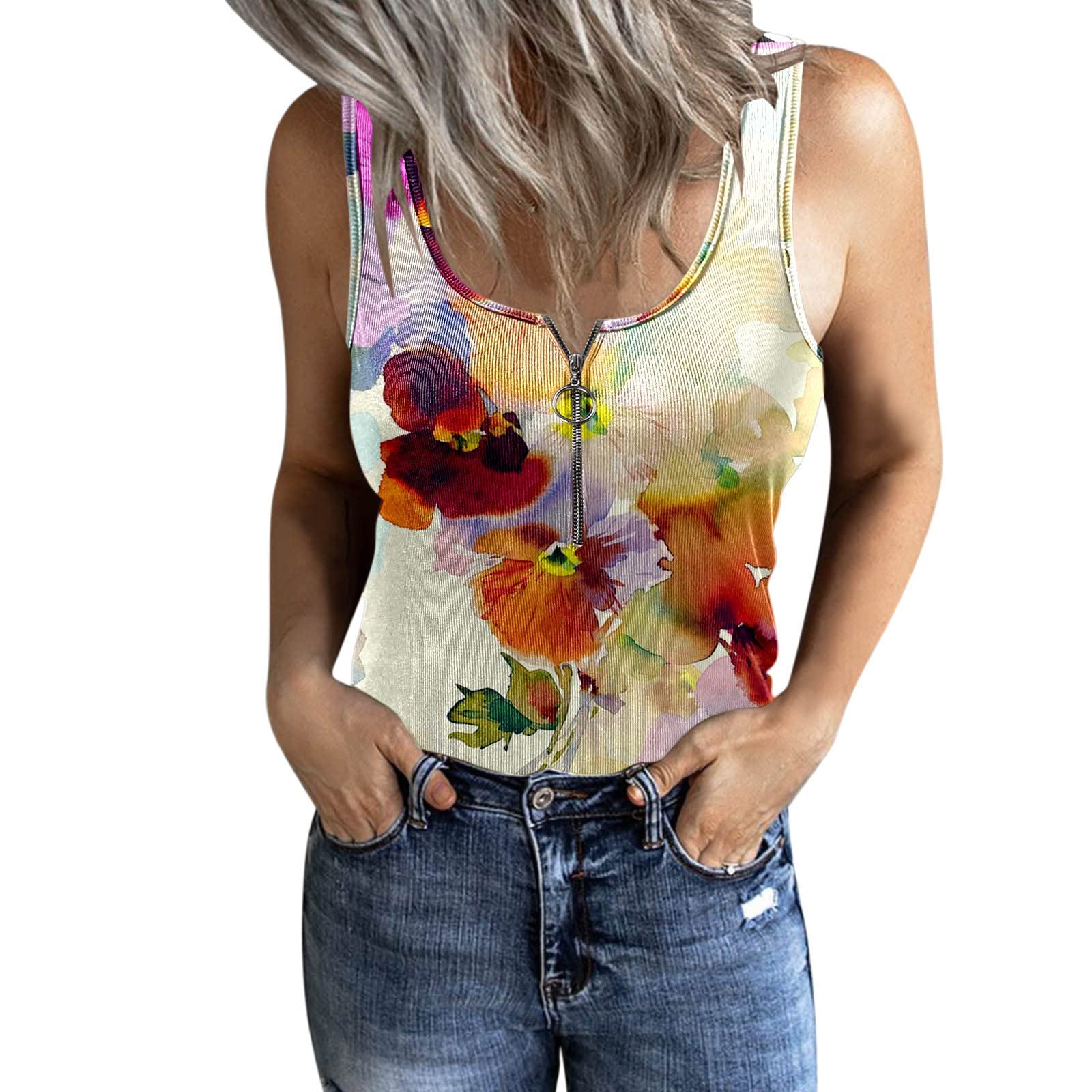 Ylioge Women's Summer Tops - Sexy Floral Half Zipper Tank Tops & Striped Tunic Blouses for Casual Wear | Perfect for Beach, Vacation, and Daily Outfits