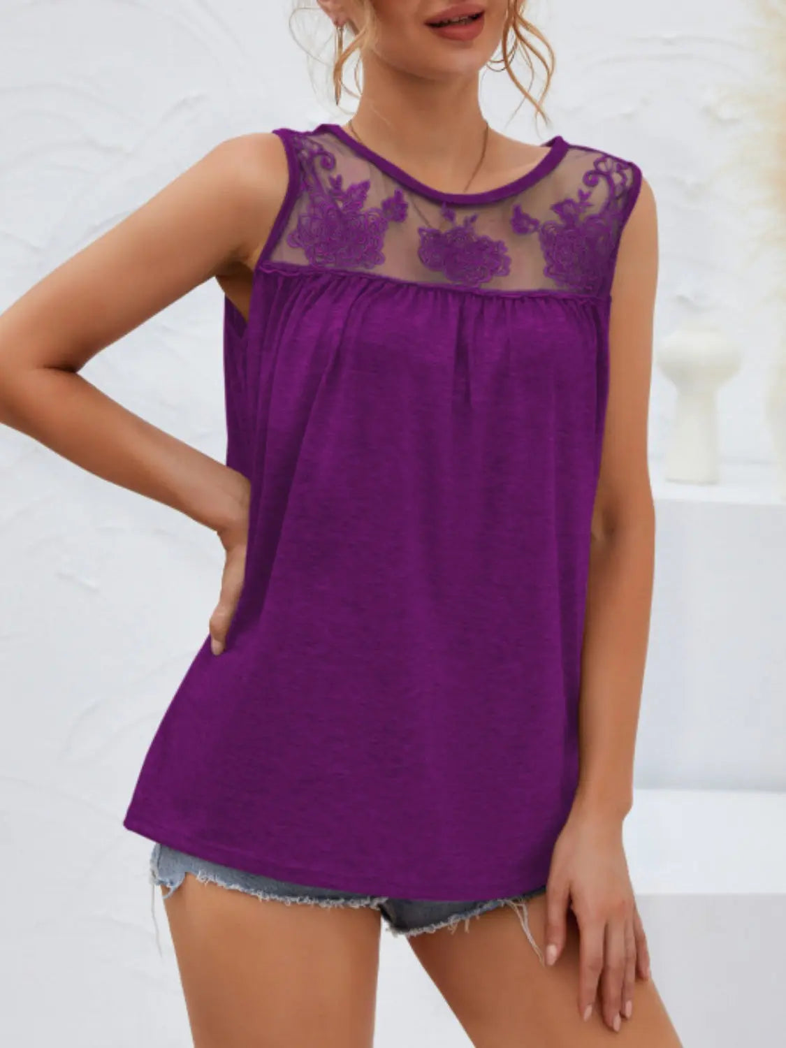 Lace Detail Round Neck Tank Top for Women - Elegant Summer Blouse with Floral Lace Trim | Perfect for Casual Wear, Beach Outfits & Date Nights