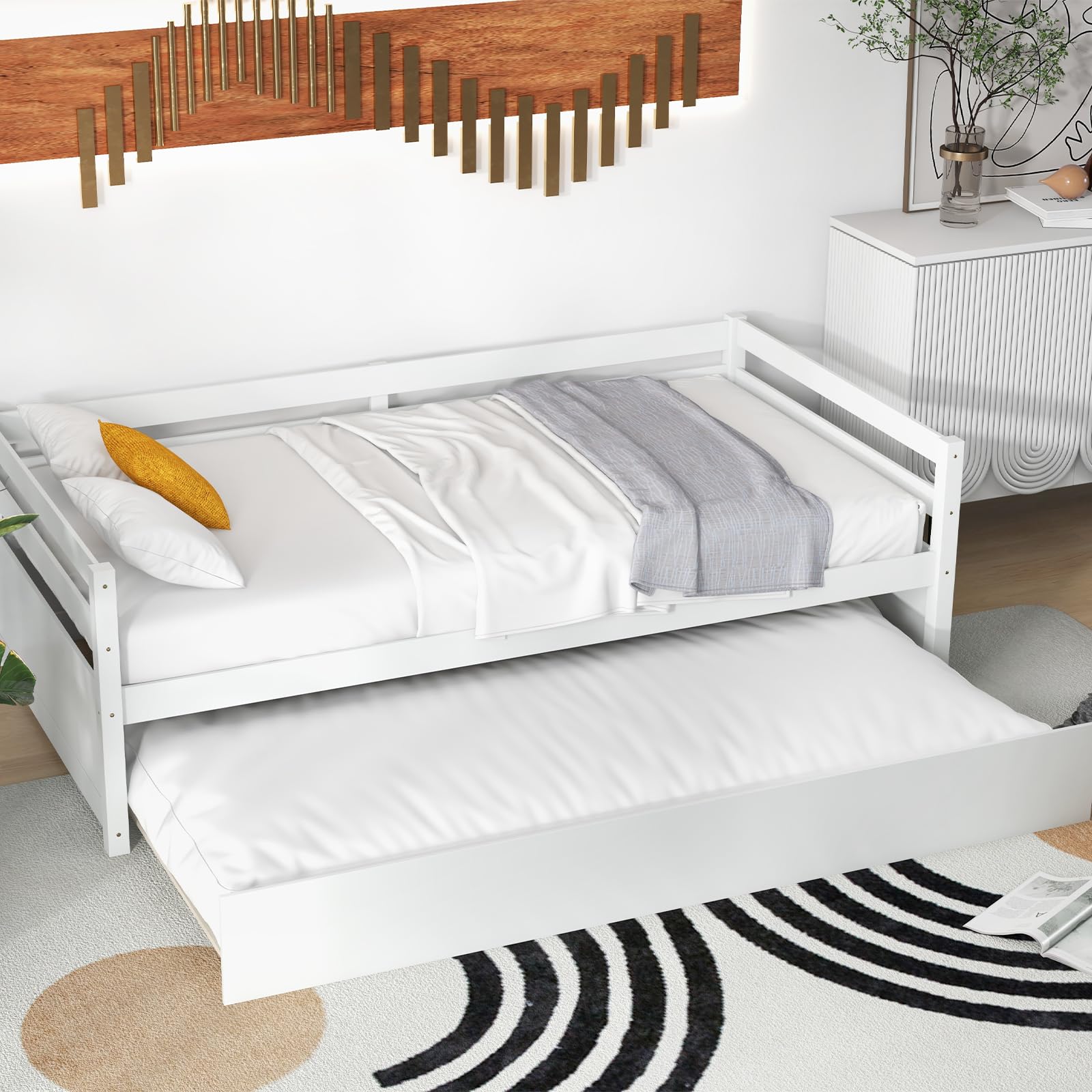 KOMFOTT Twin Size Wooden Daybed Frame with Trundle - No Box Spring Needed, Convertible Sofa Bed for Living Room, Guest Room & Kids Bedroom | Space-Saving Sleep Solution for Small Spaces & Overnight Guests