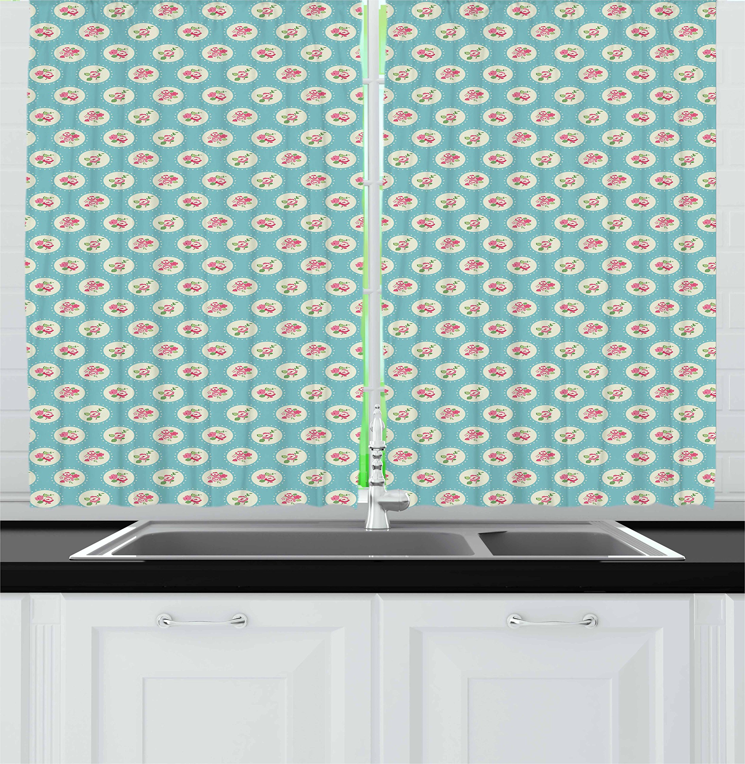 Ambesonne Floral Kitchen Curtains Set of 2 - Vintage Circular Flower Pattern Spring Design for Windows, 55
