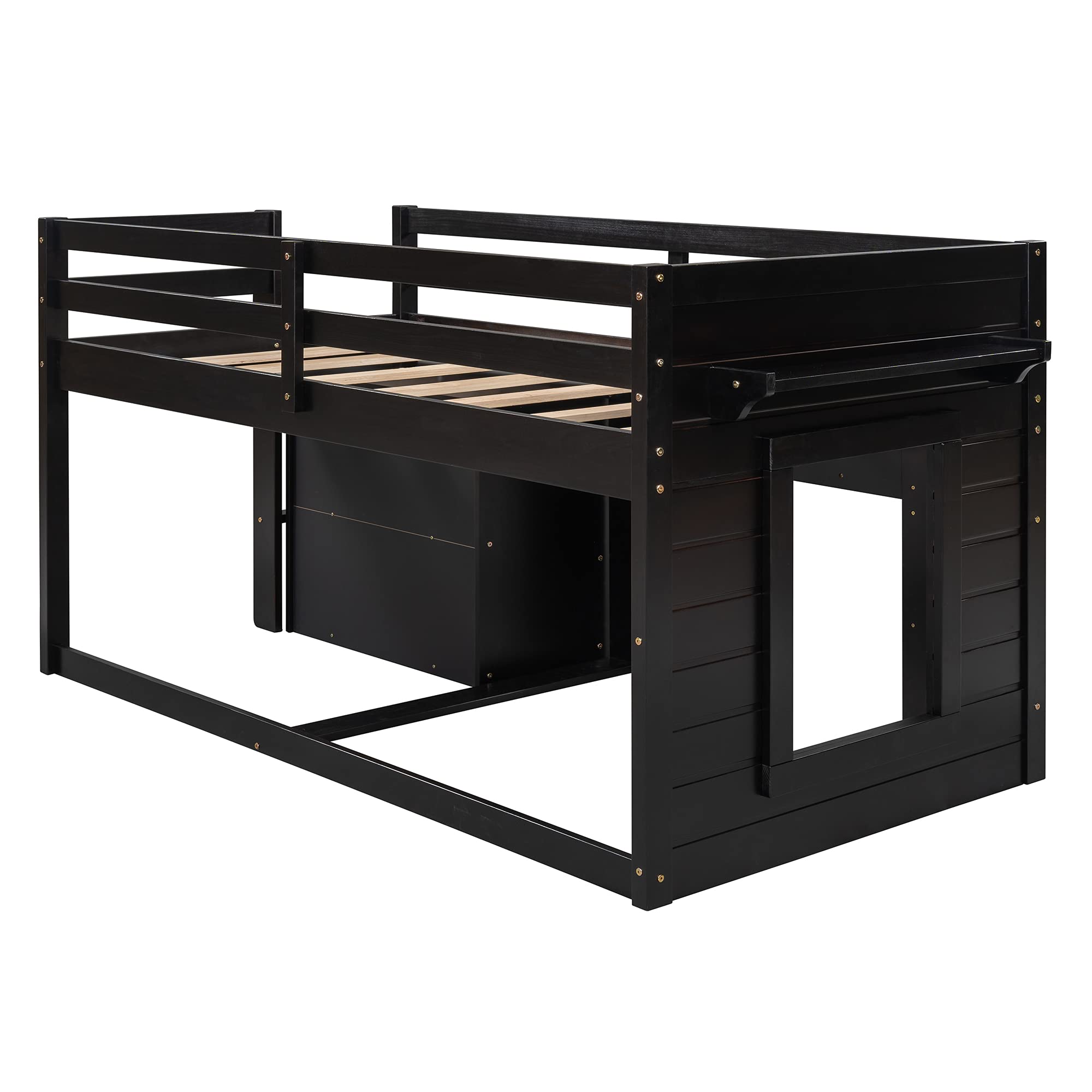 SOFTSEA Twin Size Loft Bed with Cabinet & Storage Drawers - Solid Wood Low Bunk Bed with Guardrails & Built-in Ladder - Playhouse Bed for Kids & Teens - Easy Assembly Espresso Finish - Perfect for Small Bedrooms, Dorm Rooms & Play Areas