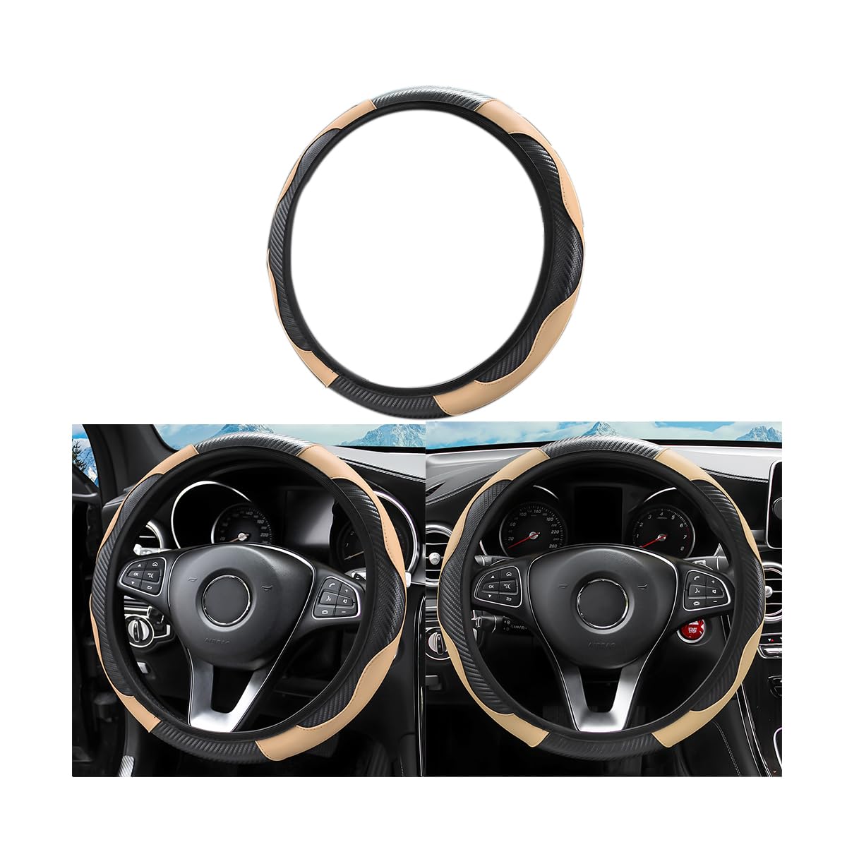 15 Inch Carbon Fiber Microfiber Leather Steering Wheel Cover - Anti-Slip Breathable Elastic Stretch Protector for Cars, SUVs, Trucks & Vans - Perfect for Men & Women Drivers (Beige) | Enhance Grip & Comfort for Daily Commutes & Road Trips