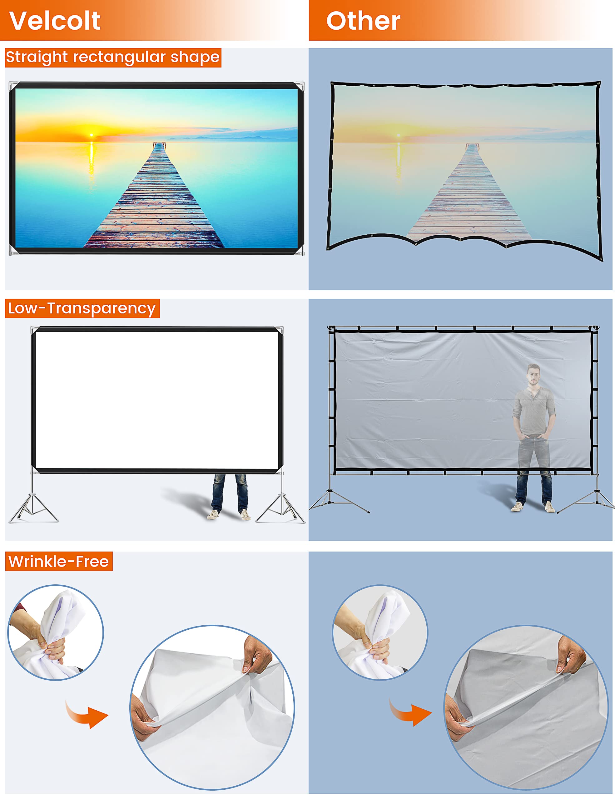 Velcolt 120 Inch Portable Projector Screen with Stand - 16:9 4K HD Foldable Movie Screen for Indoor & Outdoor Use | Home Theater, Backyard Camping, Parties & Presentations | Includes Carry Bag