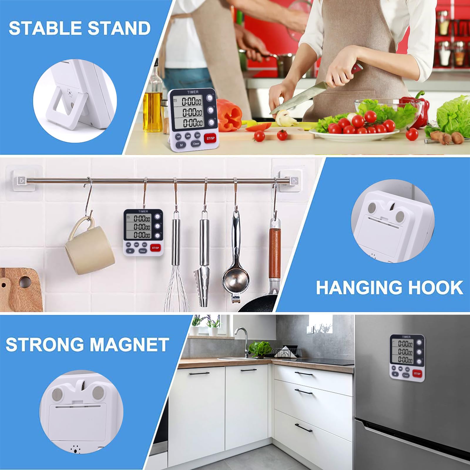 HomeMall Digital Dual Kitchen Timer - 3 Channel Count Up/Down Cooking Timer with Large LCD Display, Magnetic Back, Loud Alarm & Flashing Light (Batteries Included) | Perfect for Baking, Meal Prep & Multitasking in the Kitchen