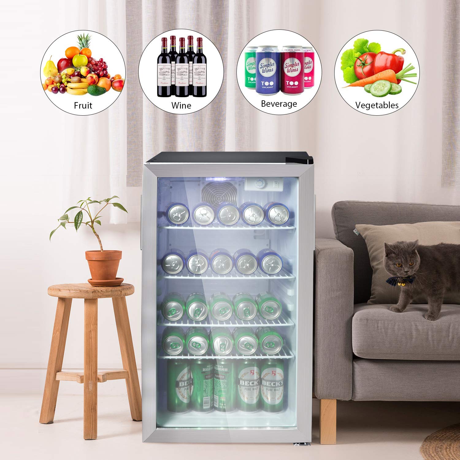 NorthAir 100 Can Beverage Refrigerator - Mini Fridge with Glass Door, 7 Temperature Settings (32°F-61°F) - Compact Drink Cooler for Home, Office, Bar, or Party Use