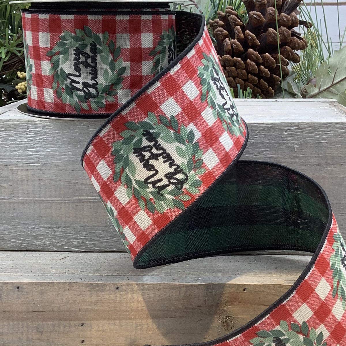 Red Black Green Natural Merry Christmas Wired Ribbon - Double Sided Xmas Decoration for Wreaths, Gifts & Tree Trimming (10 Yards) - Perfect for Holiday DIY, Home Decor & Festive Packaging