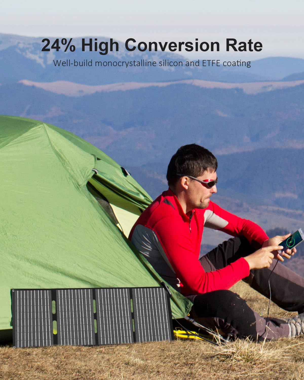 60W Portable Solar Panel with USB C, USB A & DC 18V Output - IP68 Waterproof Foldable ETFE Solar Charger for Power Stations - Compatible with iPhone, Samsung - Perfect for Camping, Hiking & Outdoor Adventures