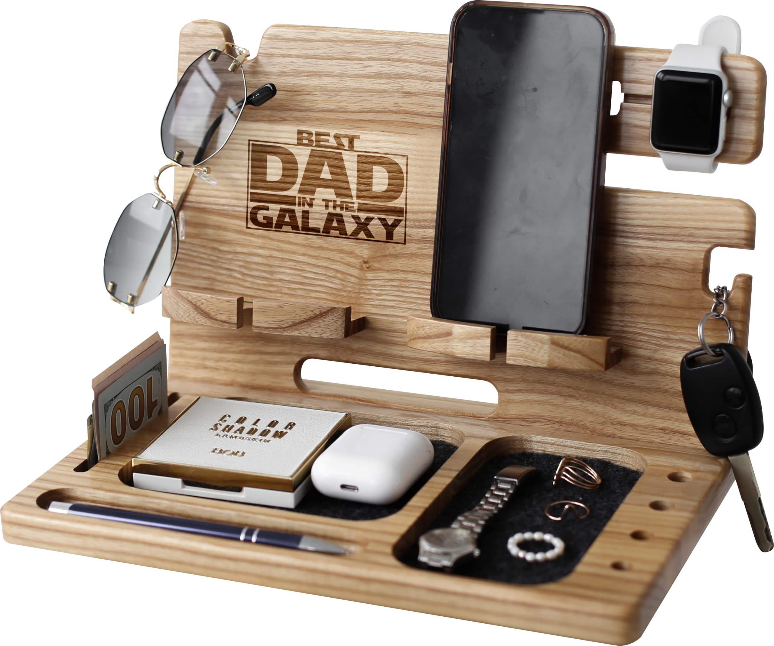 Personalized Wooden Phone Stand & Desk Organizer - Multi-Function Charging Station for iPhone, Android, Smartwatch & Wallet | Perfect Gift for Men, Office & Nightstand Use