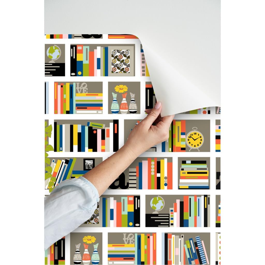 Peel & Stick Removable Wallpaper - 9ft x 2ft Bookshelf Design with Literature Typography & Plant Stripes | Self-Adhesive Wall Decor for Living Room, Bedroom, Office & Study | Easy to Apply & Remove