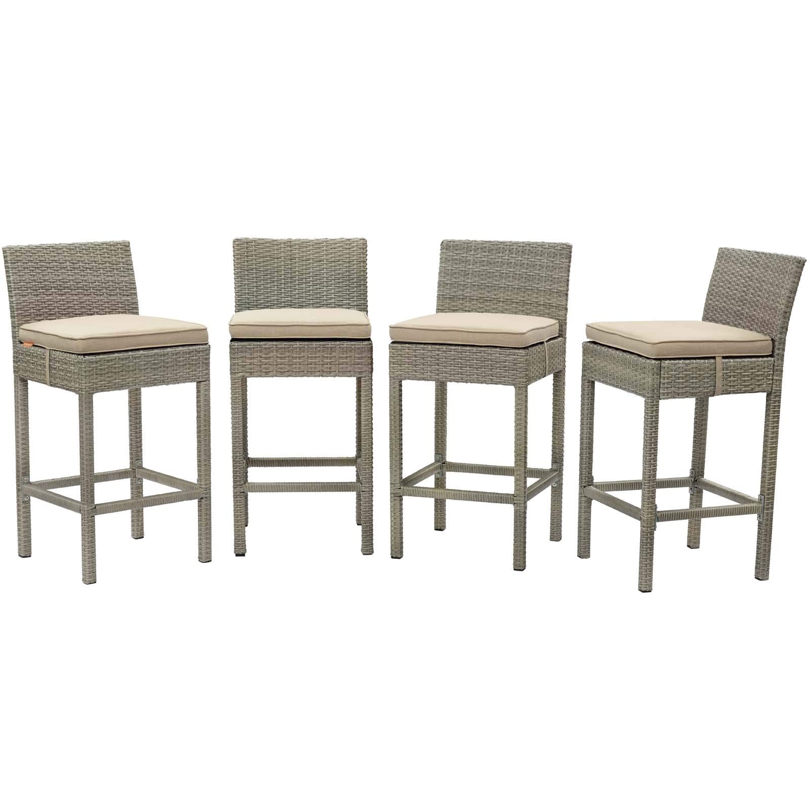 Modern Outdoor Patio Garden Bar Stool Set of 4, Beige Fabric Rattan Wicker Chairs, Perfect for Backyard, Poolside, and Terrace Relaxation