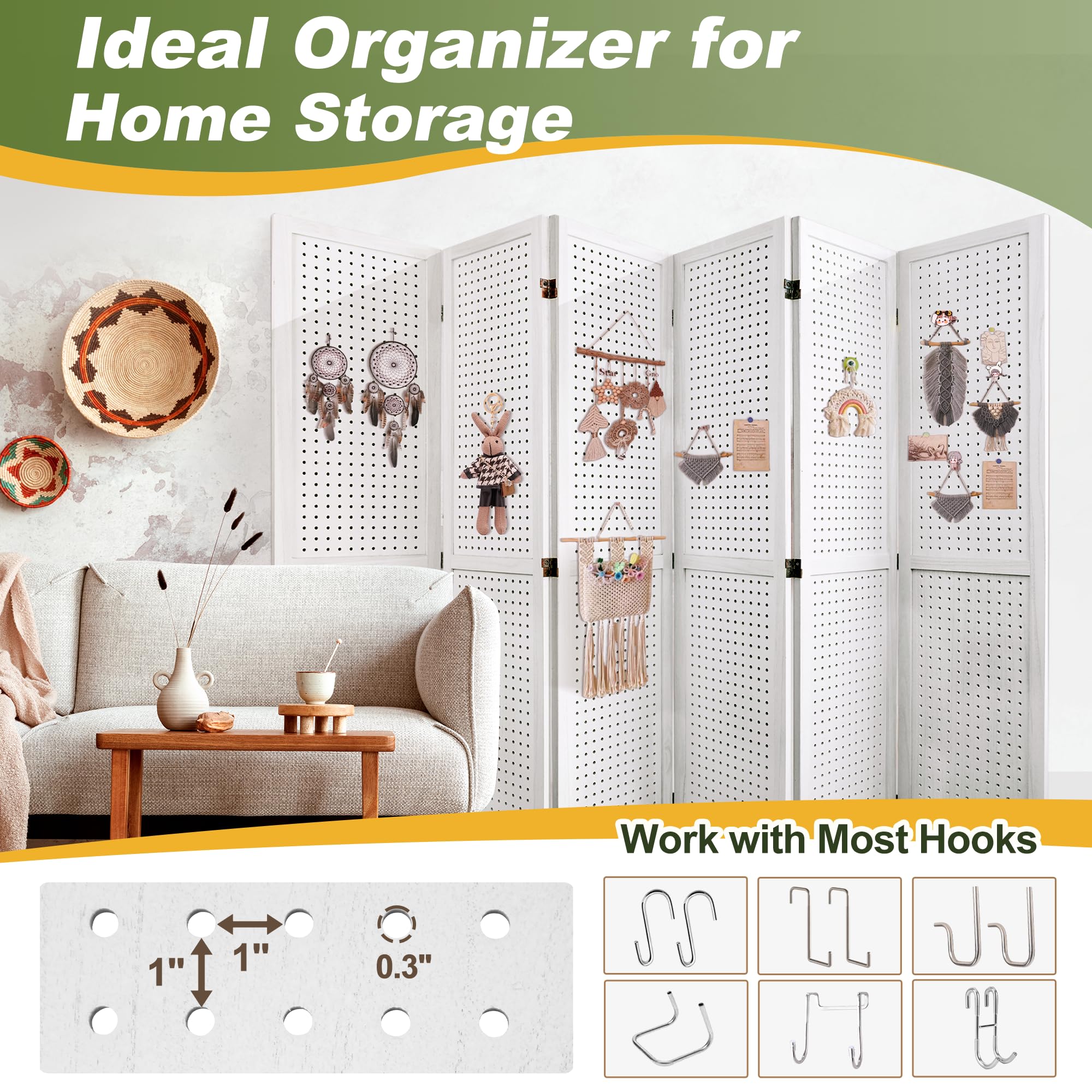 NicBex 6 Panel Wooden Pegboard Room Divider - 5.6FT Folding Privacy Screen & Freestanding Display Board for Craft Shows, Art Exhibitions, Retail Displays & Home Office Separation (White) | Portable Room Partition for Trade Shows, Studios & Event Spaces