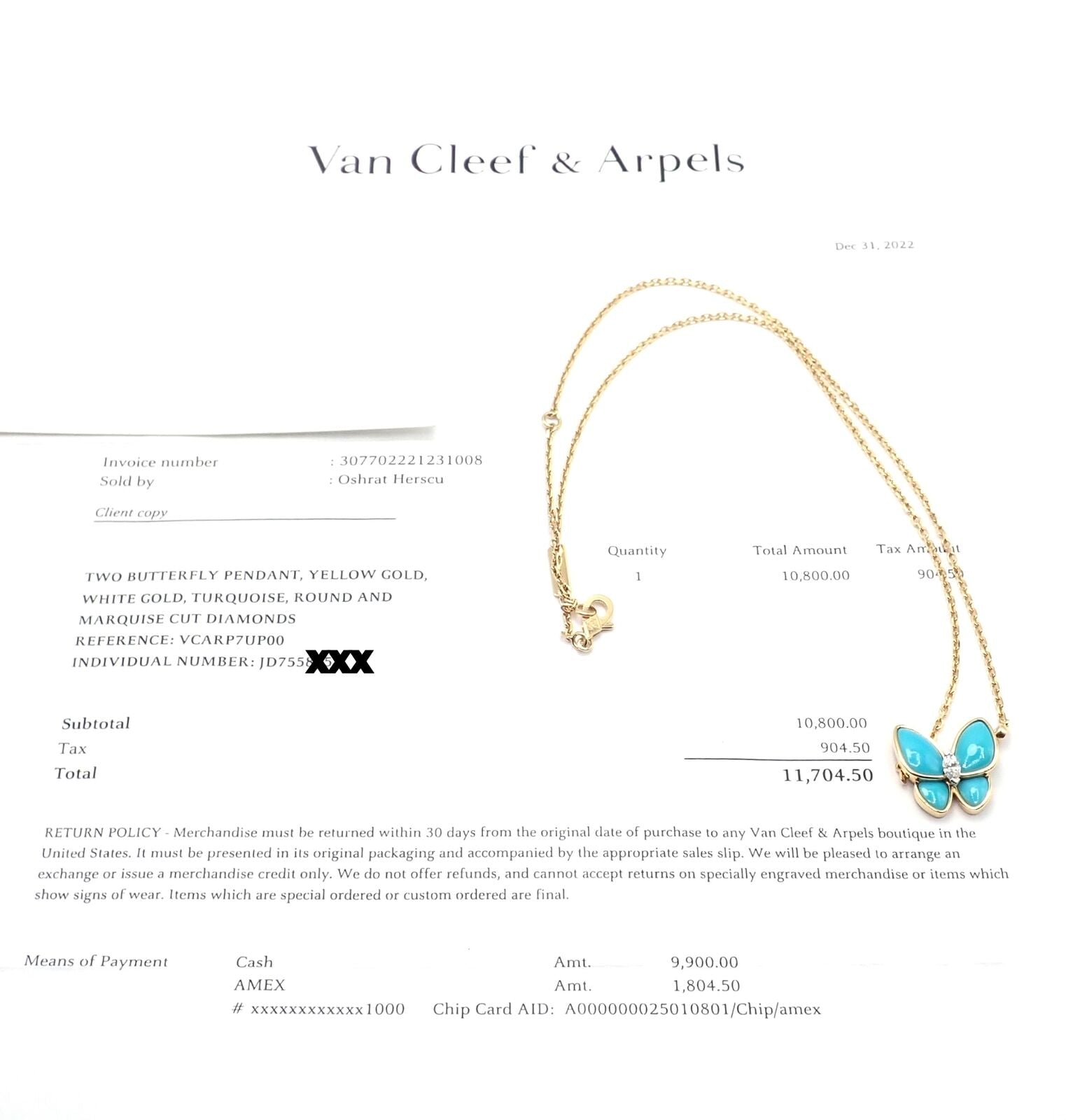 Van Cleef & Arpels 18k Gold Diamond Turquoise Butterfly Pendant Necklace with Certificate - Luxury Jewelry for Women, Perfect for Weddings, Anniversaries & Special Occasions
