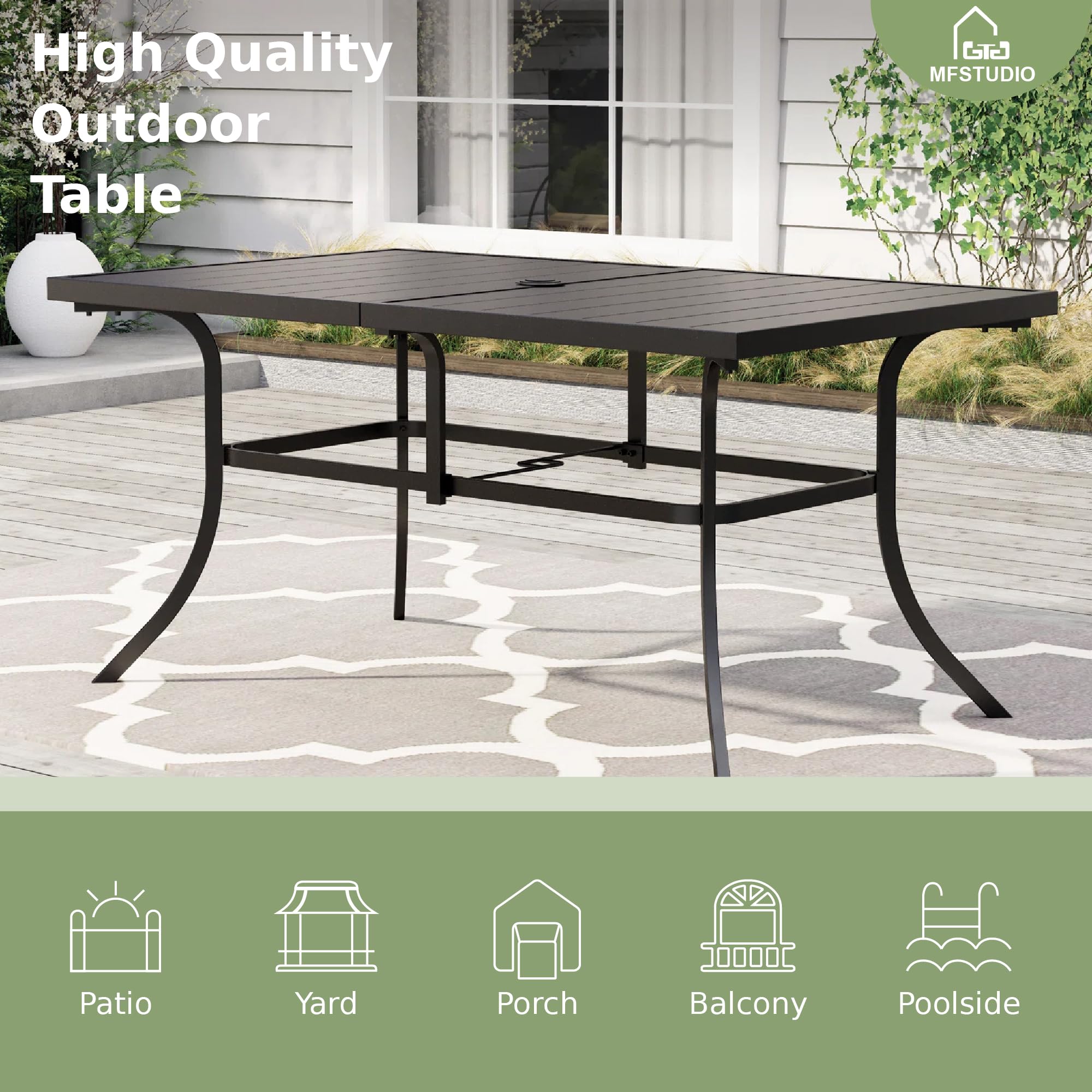 MFSTUDIO 7-Piece Outdoor Patio Dining Set - 6 Rattan Wicker Chairs with Rectangular Metal Table, Adjustable Umbrella Hole - Perfect for Backyard, Garden, Poolside & Outdoor Entertaining