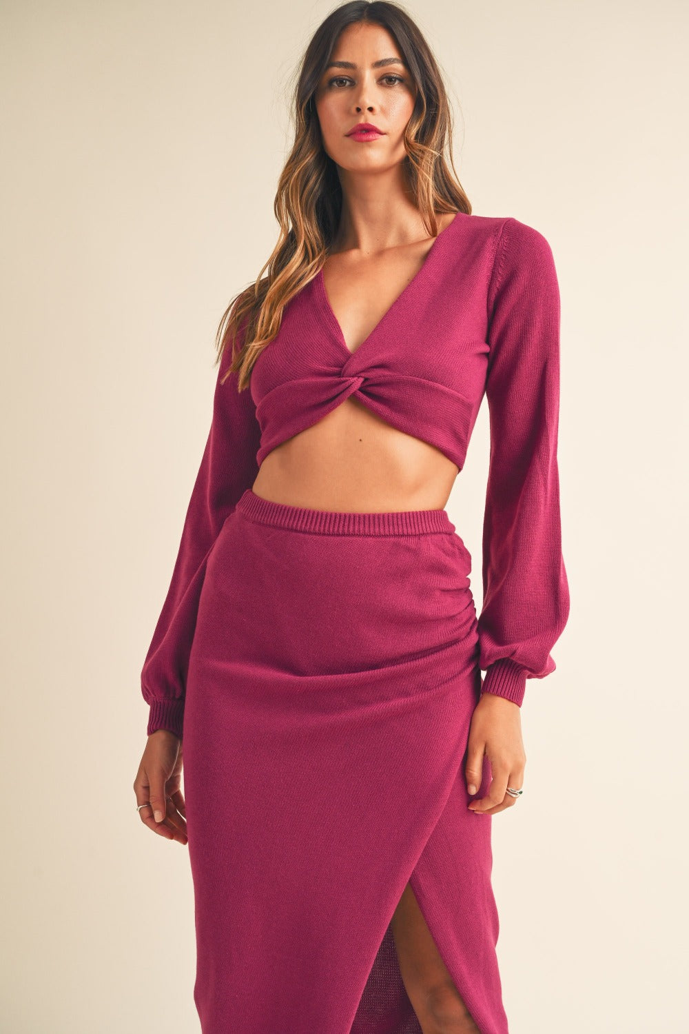 Stylish Front Twisted Knit Top and Skirt Set for Women | Trendy Casual Outfit for Date Night & Brunch | Comfortable Two-Piece Ensemble