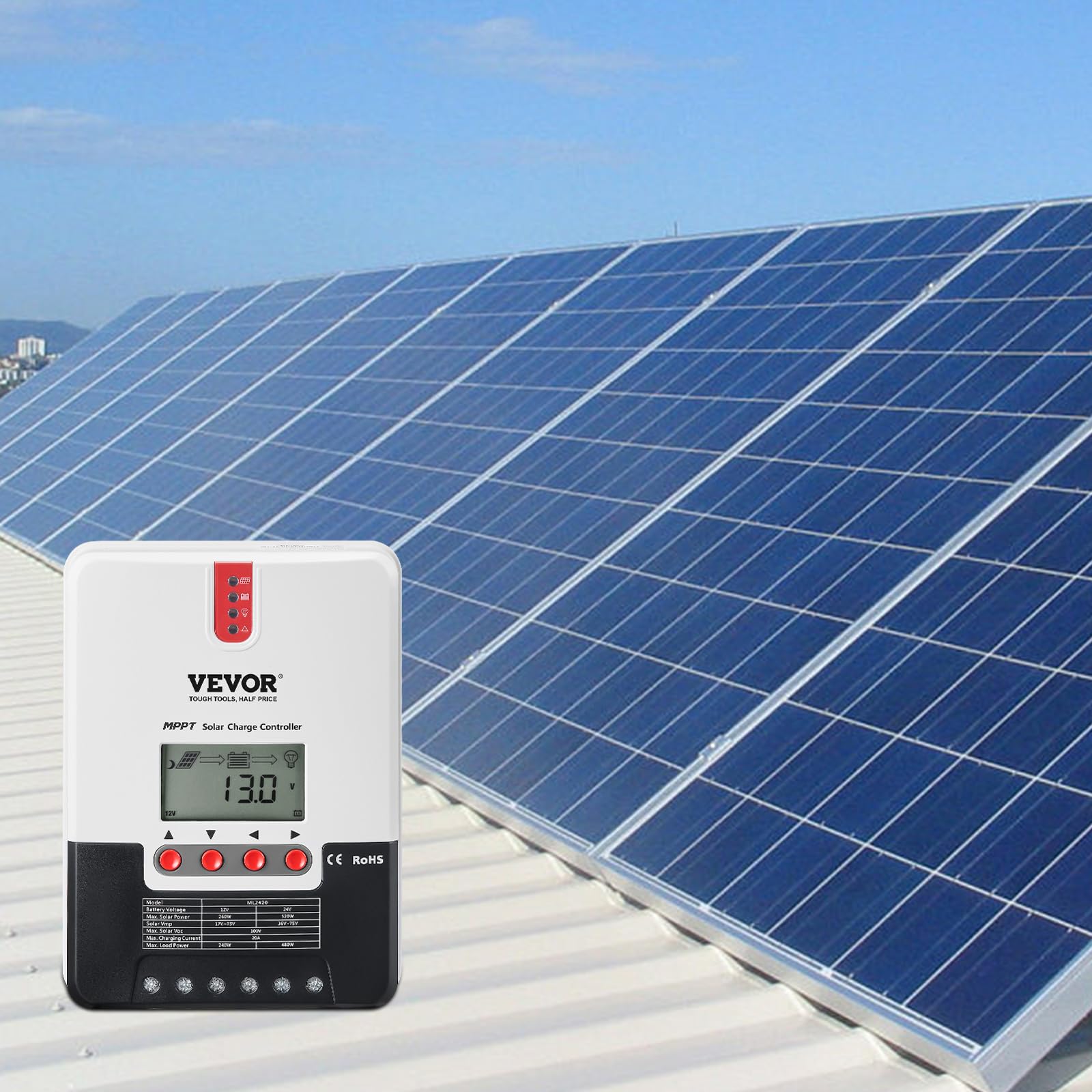 VEVOR 20A MPPT Solar Charge Controller 12V/24V Auto DC Input - LCD Display with Temperature Sensor for AGM, Gel, Flooded & Lithium Batteries - Perfect for RV, Marine, Off-Grid Solar Systems & Home Backup Power