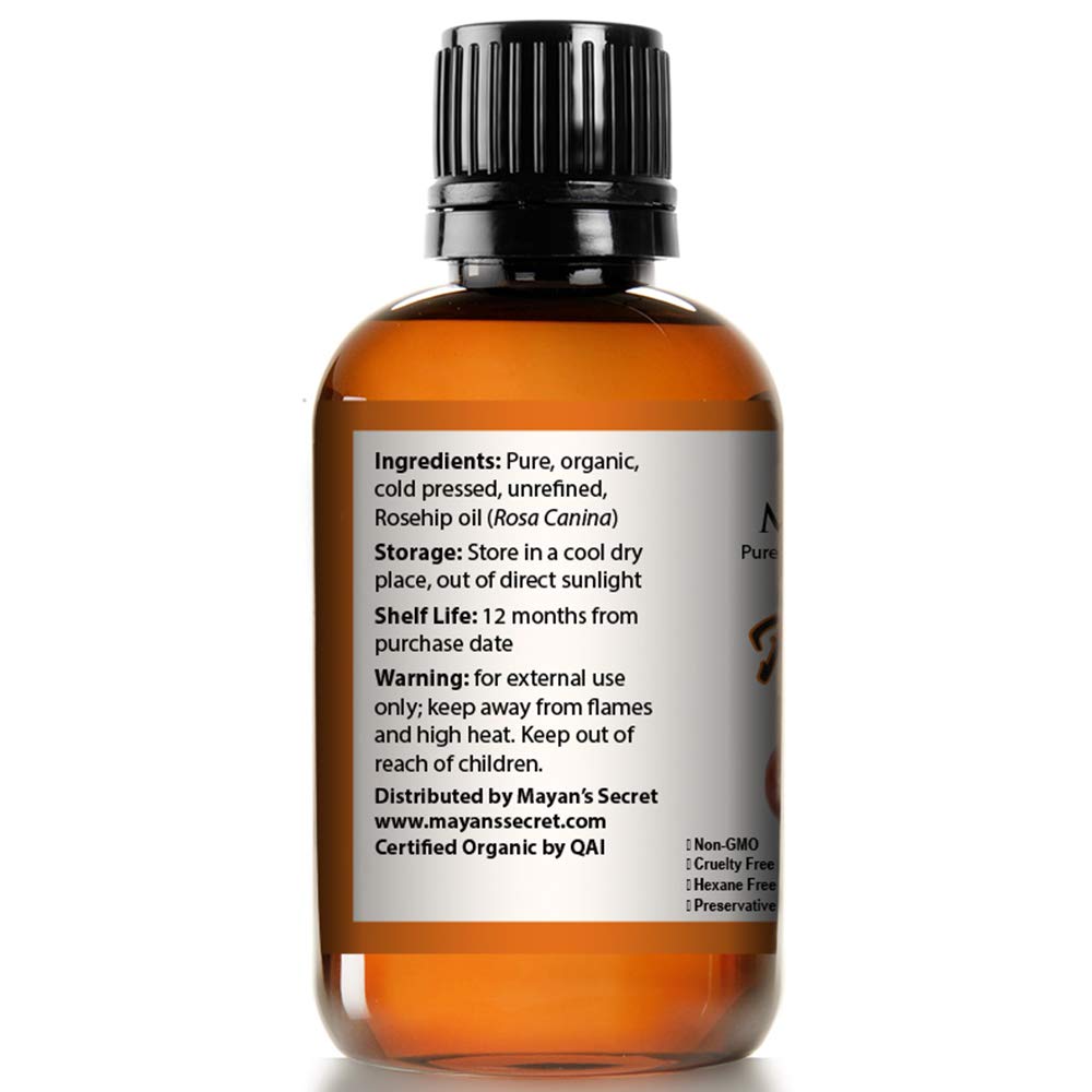 USDA Certified Organic Cold Pressed Unrefined Rosehip Seed Oil - Mayan's Secret AAA+ Grade Therapeutic Essential Oil for Face, Skin, Hair & Nails - Reduces Acne Scars & Wrinkles - Perfect for Nighttime Skincare & DIY Beauty Treatments