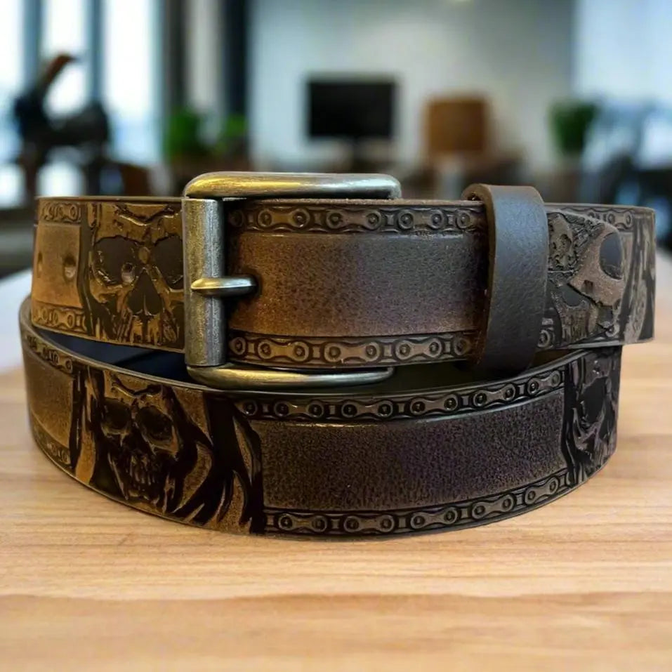 Keldon Genuine Grain Leather Men's Skull Belt with Removable Buckle - Stylish Gothic Accessory for Casual Wear, Halloween Costumes & Biker Outfits