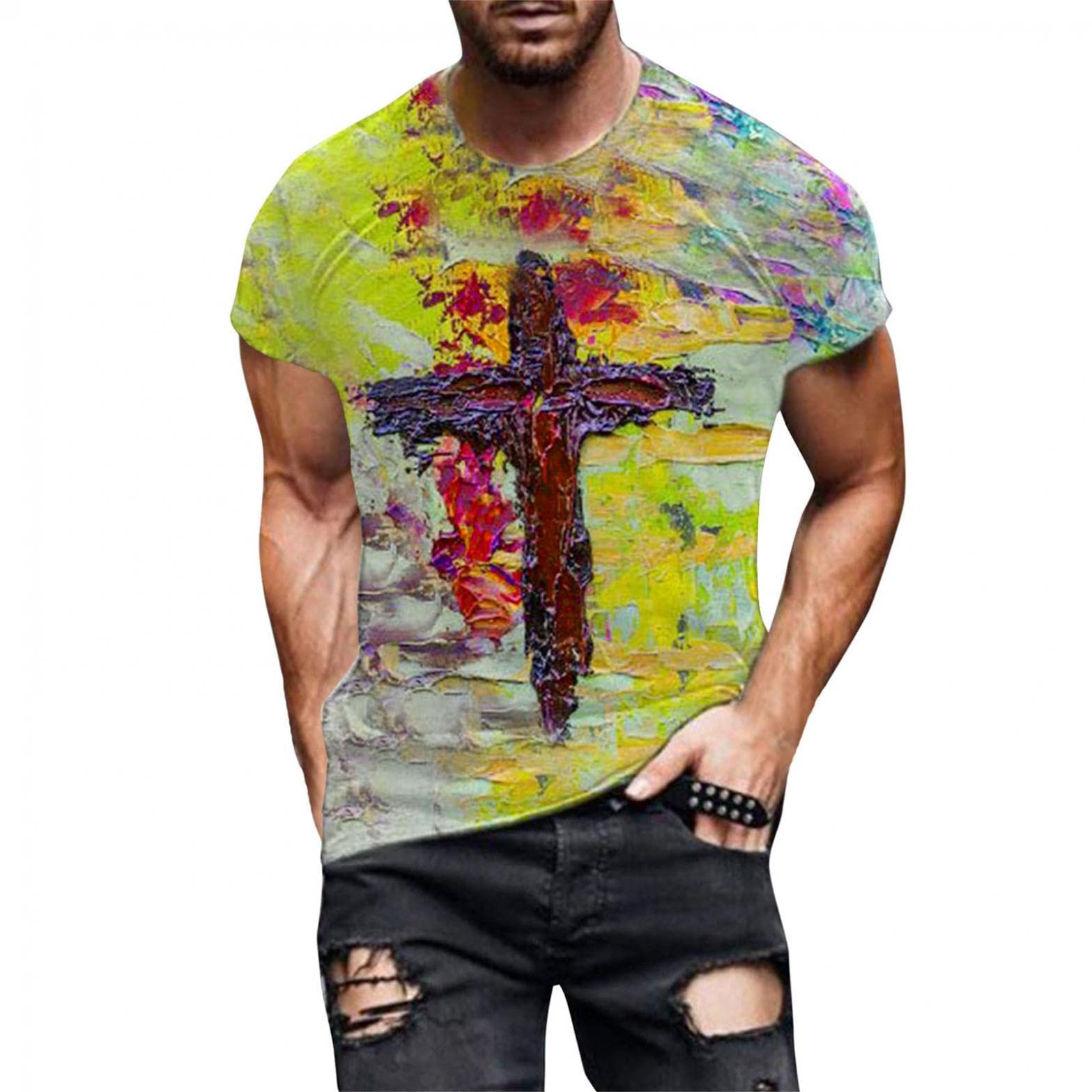 Men's Short Sleeve T-Shirts - Summer Fashion Cross Printed Round Neck Athletic Shirts for Workout & Casual Wear | Breathable Comfort for Gym, Running & Everyday Use